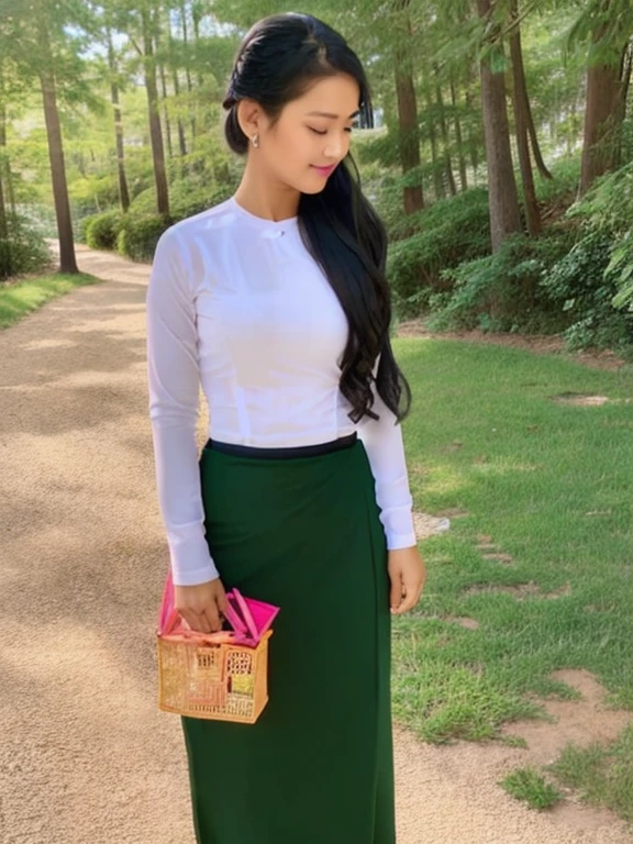 A school teacher is 30years old.Tall, thin, big hips, big breasts, black hair, small lips, brown eyes, attractive, K.Top=white Burmese blouse,With long sleeves,Buttoned at the side.Bottom=(Dark green) long skirt.
Footwear=female Burmese sandals,The hair is knotted bun.