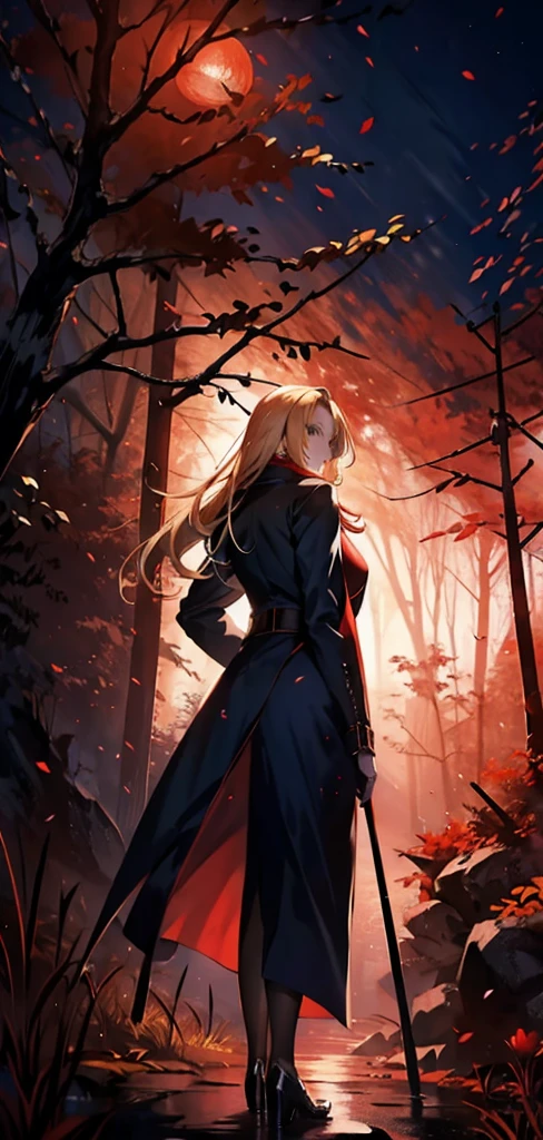 blonde woman,long coat,Rear view,silhouette,red forest,Red Moon,Red Night,