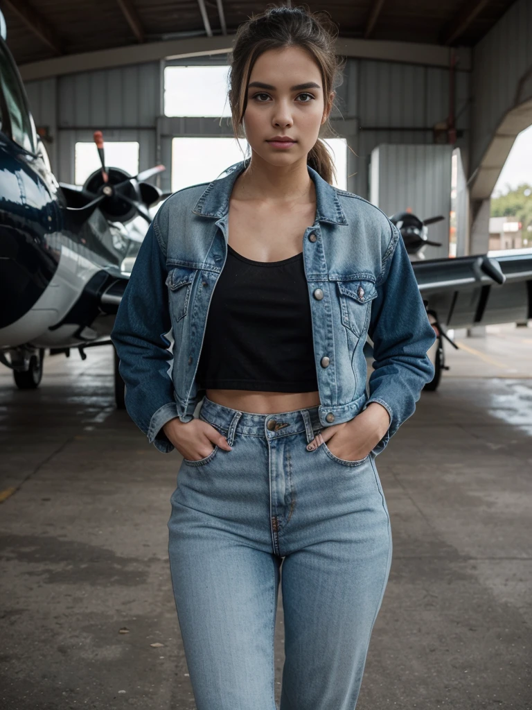 European girl, wearing a denim jacket and jeans with military patches, ponytail hairstyle, posing in front of an airplane hangar, full body shot, anime style, in the style of [Artgerm](https://goo.gl/search?artist%20Artgerm), created in Unreal Engine, with cinematic lighting, depth of field, bokeh effect, perfect face details, intricate  patterns, natural skin tones, dark background, cool tone, cyberpunk setting, captured with a Nikon D850 