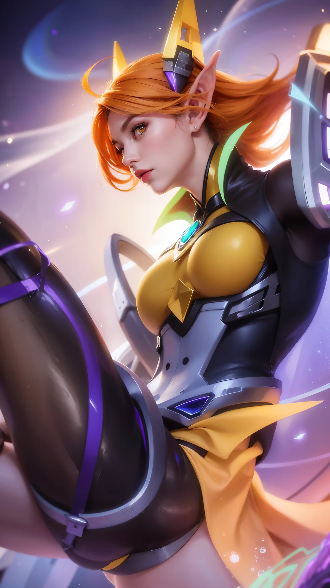 (female:1.2), 8k, ultra hd, ultra detailed texture, hyper realistic, masterpiece, detailed texture, detailed face, detailed skin, detailed lighting, (photorealistic:1.5), best quality, beautiful lighting, cinematic lighting, professional lighting, ultra highres, realistic, detailed hair, real hair, high quality, (realskin:1.5), extremely detailed, finely detail, ultra-detailed, 1girl, solo, elf, pointy ears, headgear, floating, (yellow eyes:1.5), lips, parted lips, white skin, nose, pretty, beautiful, make up, short hair, orange hair, large breasts, thigh, ass, pauldrons, gloves, bodysuit, Long sleeve, high collar, armor shoulder, eudora \(mobile legends\), from behind, depth of field, looking aways, projectile, aurora, galaxy, skin tight, amazing pose, glowing, blurry background, elf ear