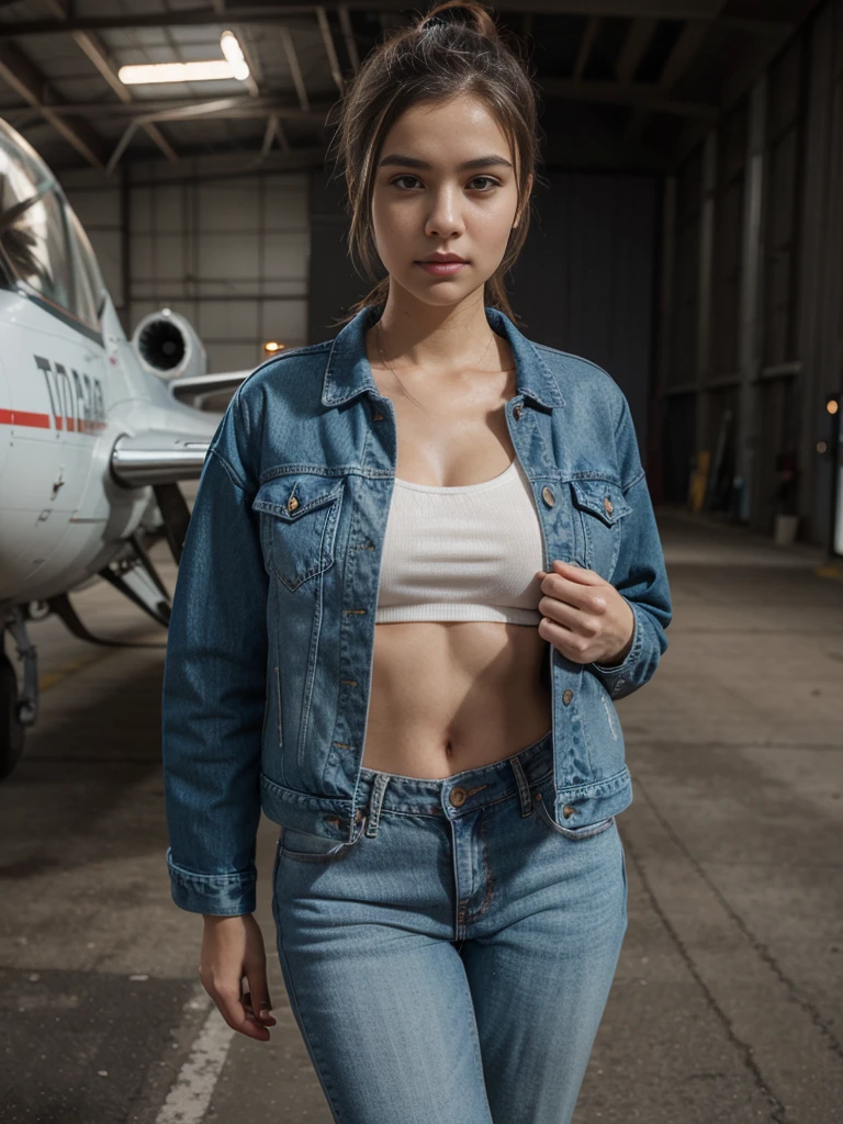 European girl, wearing a denim jacket and jeans with military patches, ponytail hairstyle, posing in front of an airplane hangar, full body shot, anime style, in the style of [Artgerm](https://goo.gl/search?artist%20Artgerm), created in Unreal Engine, with cinematic lighting, depth of field, bokeh effect, perfect face details, intricate  patterns, natural skin tones, dark background, cool tone, cyberpunk setting, captured with a Nikon D850 
