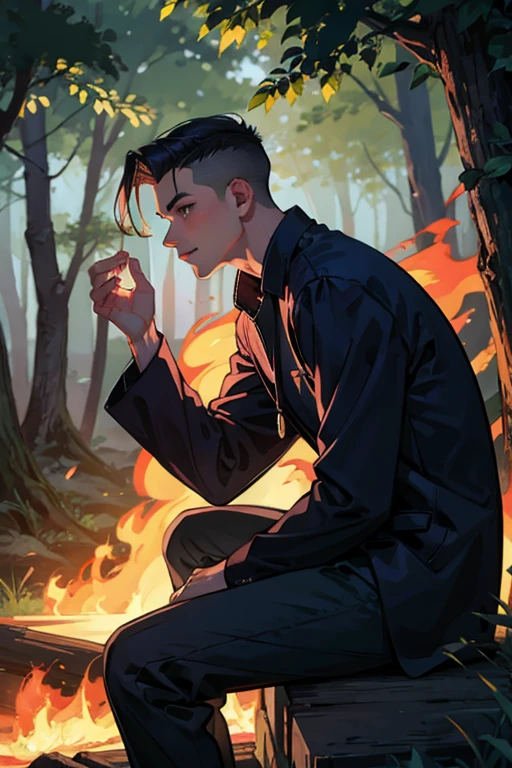 boy sitting in a forest with the background of the forest on fire, side view, hairstyle slick back, short hair