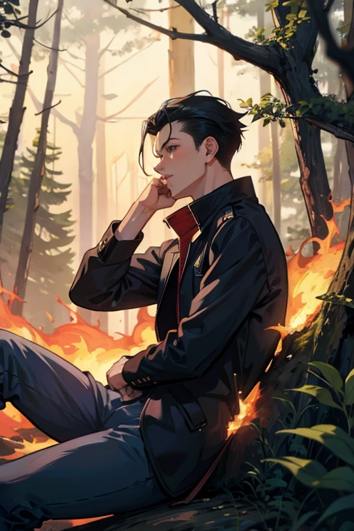 boy sitting in a forest with the background of the forest on fire, side view, hairstyle slick back, short hair