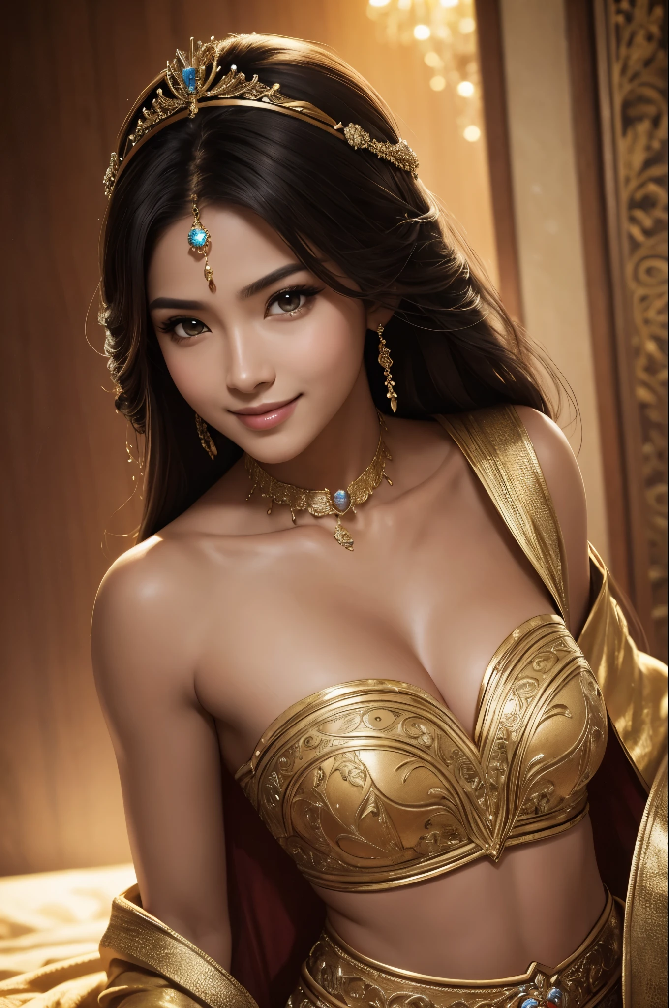 8K,exotic attractive woman,Super beautiful(like the real thing),National costume,beautiful expression,smile,masterpiece,Photorealistic RAW photos of the highest quality。bright colors,rich colors, Backlight, cinematic lighting, film grain, to be born, 50MM lens, Nikon D850,super realistic skin,fantasy art,character art,ultra high resolution,realistic scale skin,Perfect hand shape,view audience,smile,beautiful expression,Close-up,muscular slim body,Makeup,sexy,dynamic pose,Close-up,emphasize cleavage,whole body,tanned skin,queen of the south,