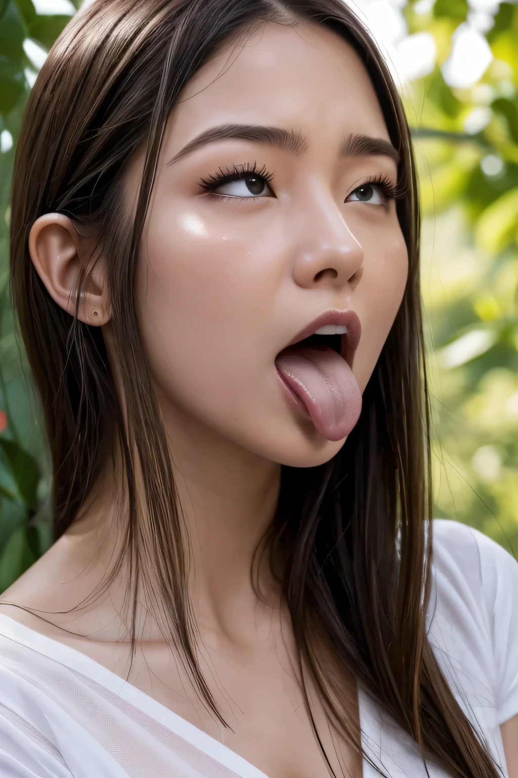 1 girl、debris flies、、award winning photos、very detailed、big double eyelids、nose、the focus is on the mouth、close up of face focus））、woman with open mouth and closed eyes、18-year-old、black hair、wrinkled eyes：1.1、symmetrical face、リアルなnose孔の角度、細長いC型のnose孔、、、、、NSFW、sweaty skin、汗でshiny skinを強調する照明、((sharp nose))汗でshiny skin、shiny skin、sweaty hair、look up at the audience、(wrinkles between eyebrows))( On the tongue)Lighting that does not cast shadows on your face、from below、garden、long tongue、bun hair、((A painful look))（Face enduring severe pain)brown hair