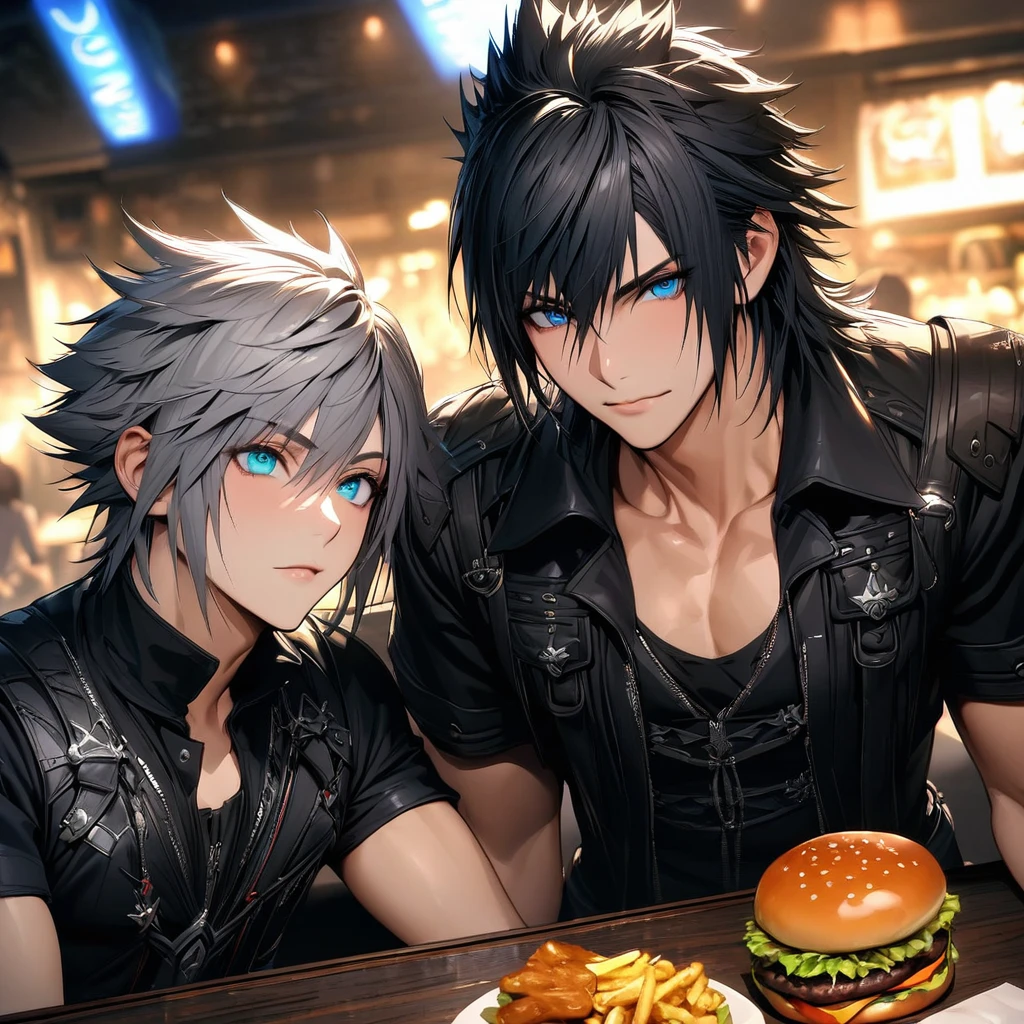 absurdres, highres, ultra detailed, HDR), masterpiece, best quality, vibrant blue eyes, finely eyes and detailed face, Riku, grey hair, Kingdom hearts, Noctis Lucis Caelum, black spiky hair, Final fantasy xv, 2men together, gay, handsome, black fantasy clothes, burger joint, sitting together