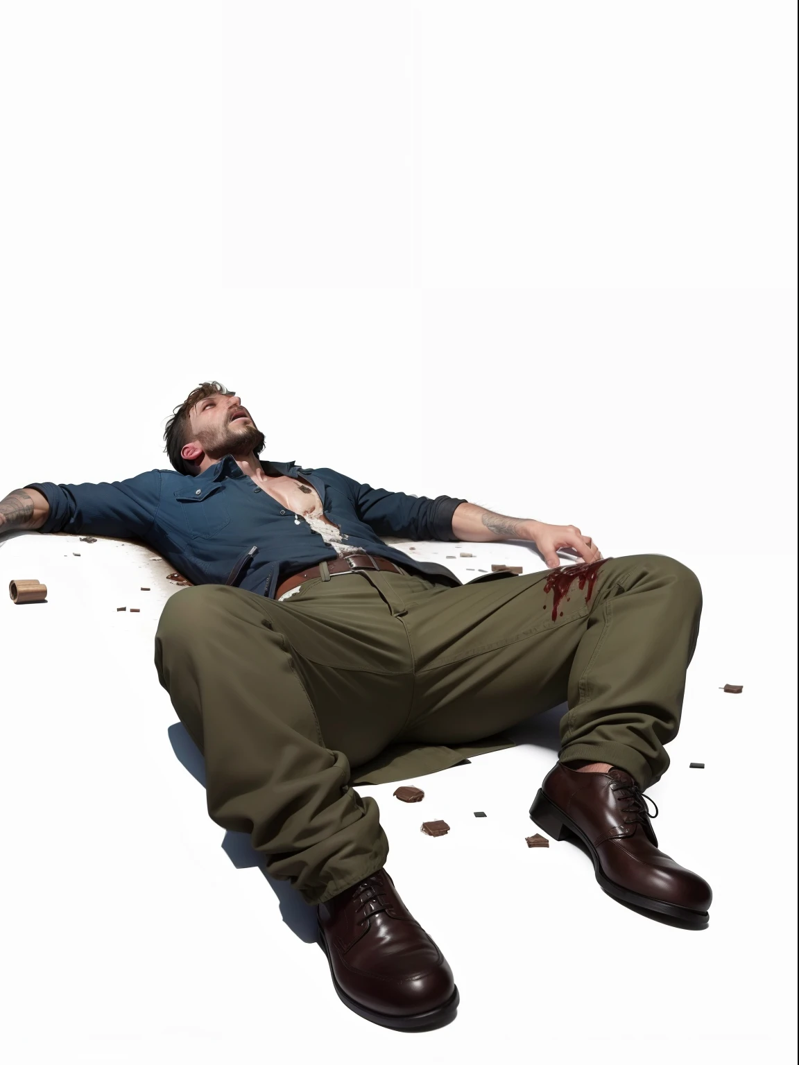 Man lying flat,The bloodthirsty ant bit open the skin on his chest,Exposing the lungs, There are burned scars from cigarette butts on his arms,There are cigarette butts all around