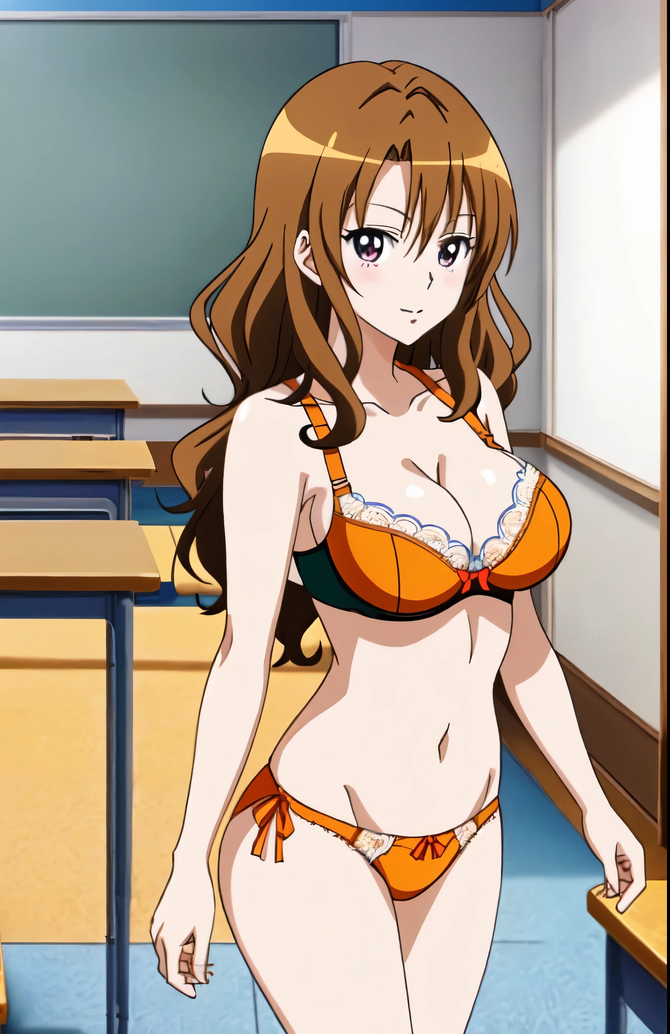 anime girl in a orange bra with a purple bow and orange panty、Woman with short brown hair、brown eyed woman、wavy hair、seductive anime woman、clothing:orange bra、orange panties、tall woman、sexy atmosphere、anime moe art style、big breasts、woman with very large breasts、(anime girl)、attractive anime girl、naughty anime style、Beautiful charming anime 、Smooth anime CG art、school classroom、indoor、cleavage、bra with an orange、panty with an orange、whole body、a girl is standing、digital anime art!!、female focus、perfect body、pretty anime girl、full body、anime best girl、solo、underwear only、Bra and panties only、8k!!、High resolution!!、