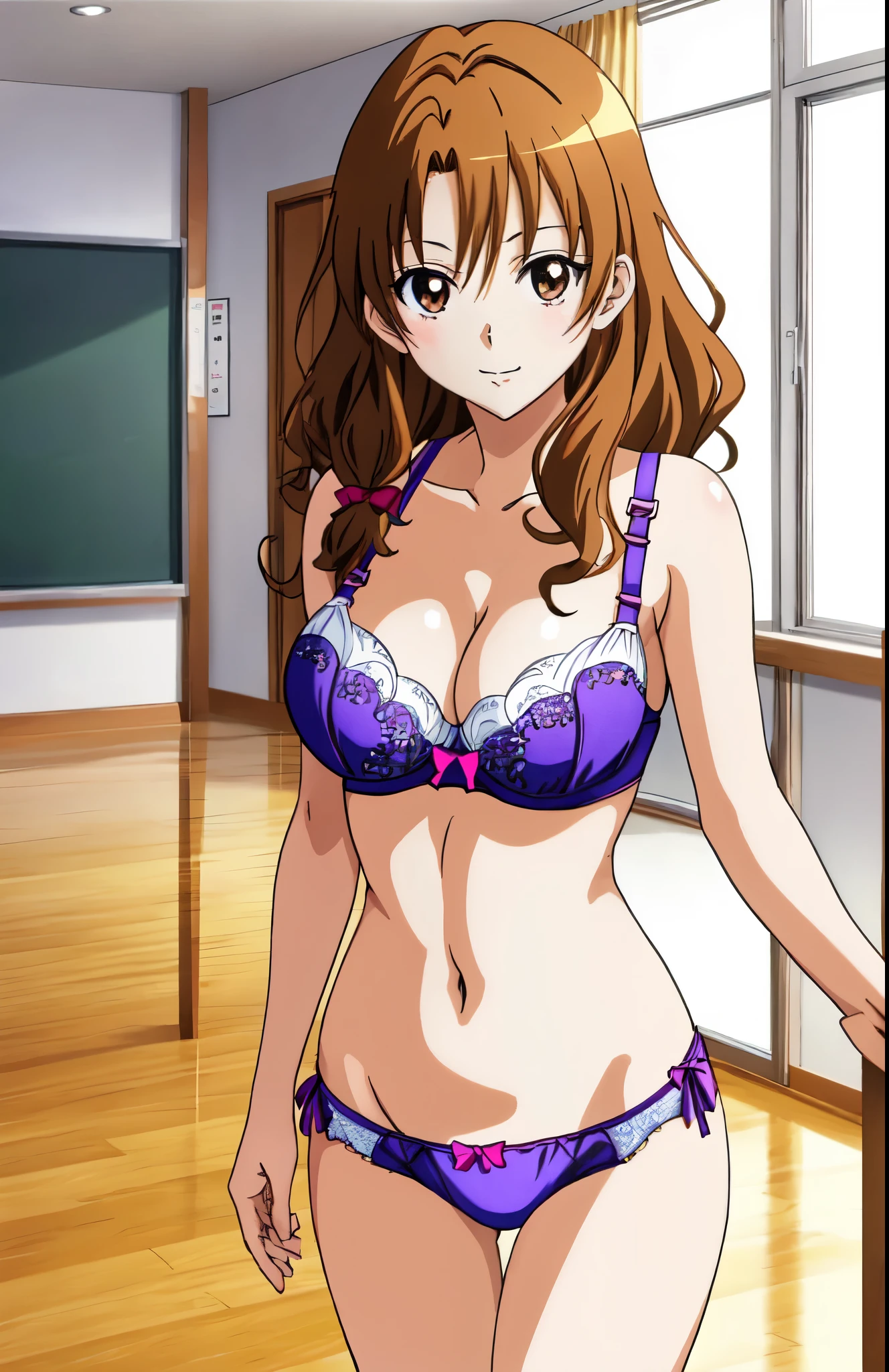 anime girl in a orange bra with a purple bow and orange panty、Woman with short brown hair、brown eyed woman、wavy hair、seductive anime woman、clothing:orange bra、orange panties、tall woman、sexy atmosphere、anime moe art style、big breasts、woman with very large breasts、(anime girl)、attractive anime girl、naughty anime style、Beautiful charming anime 、Smooth anime CG art、school classroom、indoor、cleavage、bra with an orange、panty with an orange、whole body、a girl is standing、digital anime art!!、female focus、perfect body、pretty anime girl、full body、anime best girl、solo、underwear only、Bra and panties only、8k!!、High resolution!!、