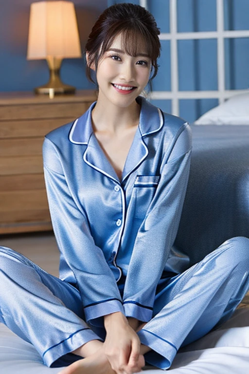 Sleeping girl, 18 years old, realistic, she is wearing long pants, blue pajamas, brown hair, clear facial features, real photos, HD, details, sunlight
