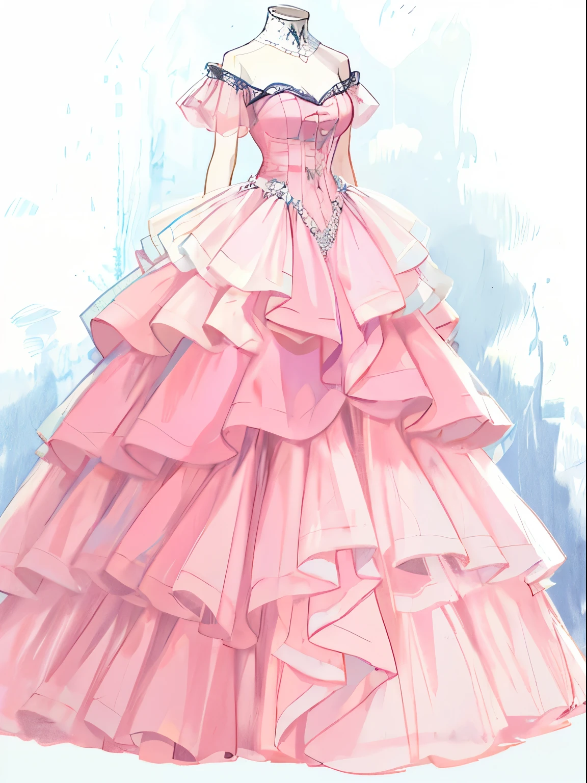 a drawing of a dress with ruffled layers and a bustle, pastel pink dress, dressed beautiful gown, elegant drawing, detailed dress, fashion design, detailed fashion illustration, art sketch, detailed dress, author：Nikolai Avramov