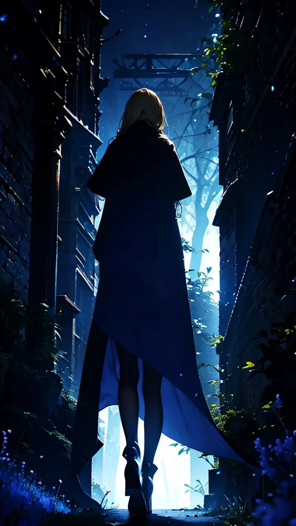 blonde woman,long coat,Rear view,silhouette,blue forest,blue Moon,blue night,