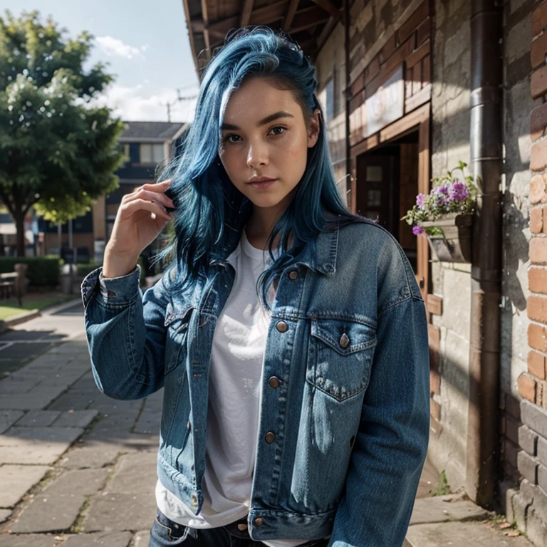 (Best quality, ultra-detailed: 1.1), Blue haired girl, (bold, vibrant: 1.2),Multi-tonal, electric blue, waves cascading down her shoulders, (sharp focus on face: 1.3), wide-eyed gaze, full lips curved into a slight smile, detailed freckles, (translucent skin: 1.2), Bright sunlight illuminating her locks, (outdoor: 1.4), (standing: 1.5), (looking towards the horizon: 1.1), hands placed in the pockets of a denim jacket, (edgy, alternative: 1.1), grunge outfit,
