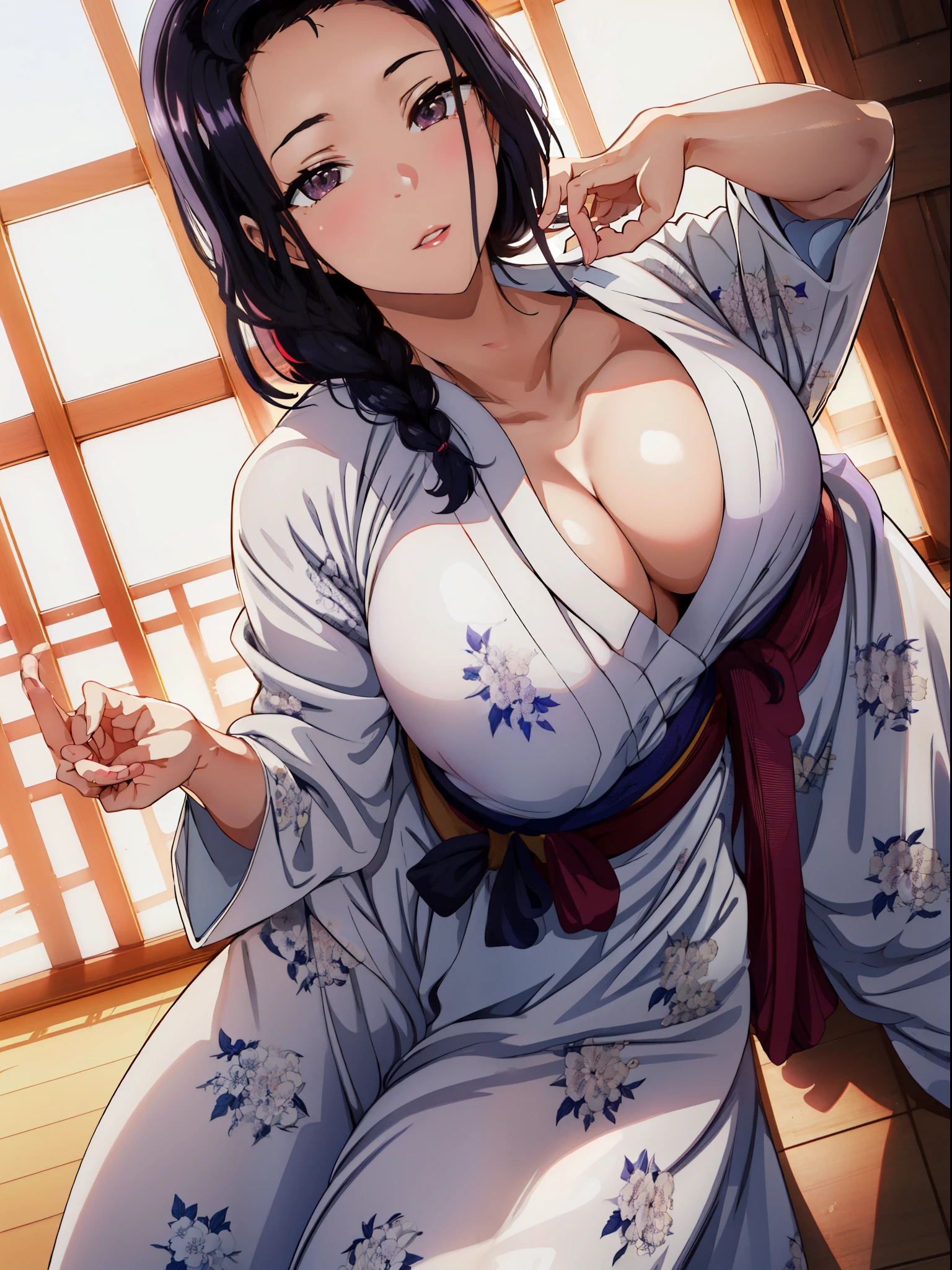 (highres, high quality, best quality:1.3), intricate details, vibrant image, colorful, volumentric lighting, saiminseishidou, Tsubaki Miyajima, 1girl, solo, cowboy shot, (from below:1.2), looking down, looking at viewer, eye contact, (spread legs:1.2), (skirt tug:1.3), (seductive look:1.2), seductive smile, (kimono outfit:1.4),cleavage, black_hair, long_hair, hair_pulled_back,parted_lips,purple_eyes, braid, 1 girl, 24yo,mature female,Beautiful Finger,Beautiful long legs,Beautiful body,Beautiful Nose,Beautiful character design, perfect eyes, perfect face, perfect fingers, perfect hands, perfect breasts, perfect body, perfect mouth, perfect lips, looking at viewer, in the center of the image, SFW,official art,extremely detailed body, exteremly detailed face, extremely detailed hair, extremely detailed eyes, wallpaper, perfect lighting,Colorful, Bright_Front_face_Lighting, (masterpiece:1.0), ultra high res,4K,ultra-detailed, 8K, HDR, highres, absurdres:1.2, Kodak portra 400, film grain, blurry background, bokeh:1.2, lens flare, (vibrant_color:1.2) (Beautiful,large_Breasts:1.4), (beautiful_face:1.5),(narrow_waist),