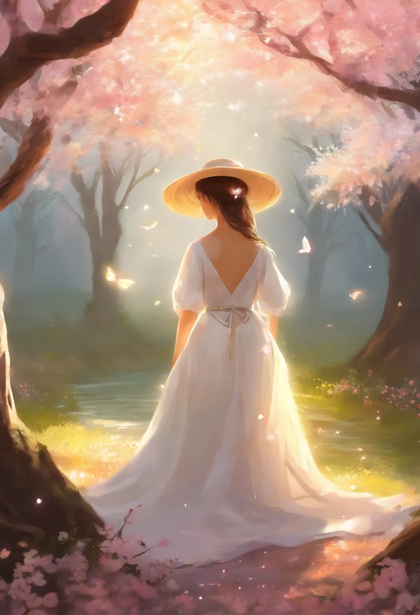 white dress、straw hat、A girl praying with her hands together under a big cherry tree、A soft light shines from the sky

