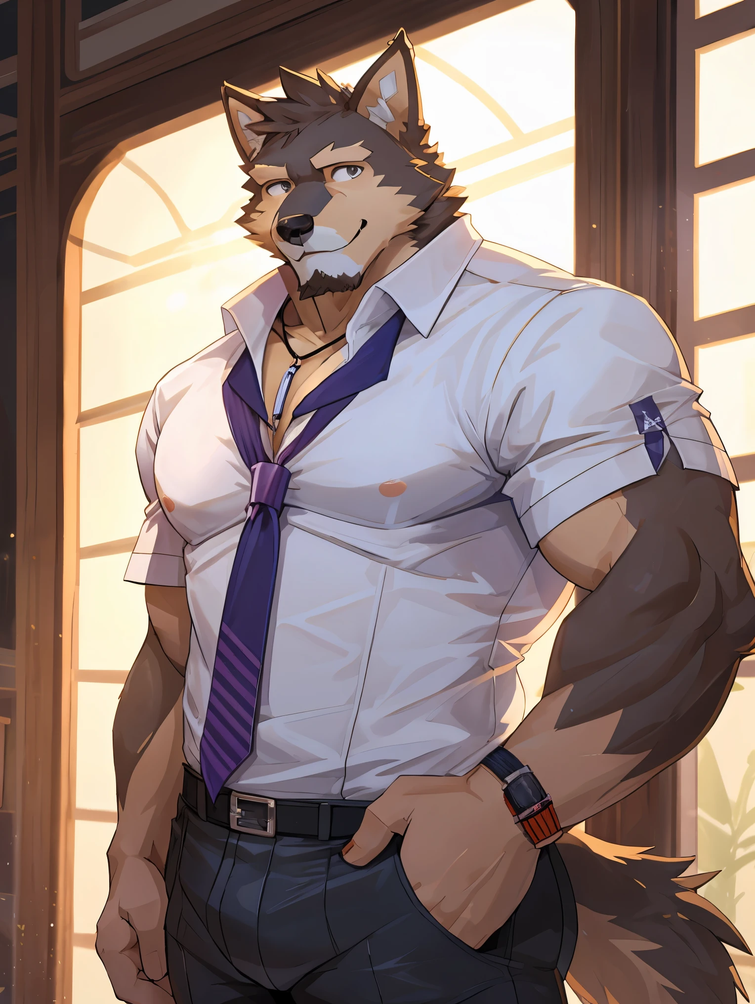 solo, pubraseer, furry german sheperd dog, muscular body, handsome, Smiling, mouth open, holding glassess, cool pose, casual shirt, casual pants.