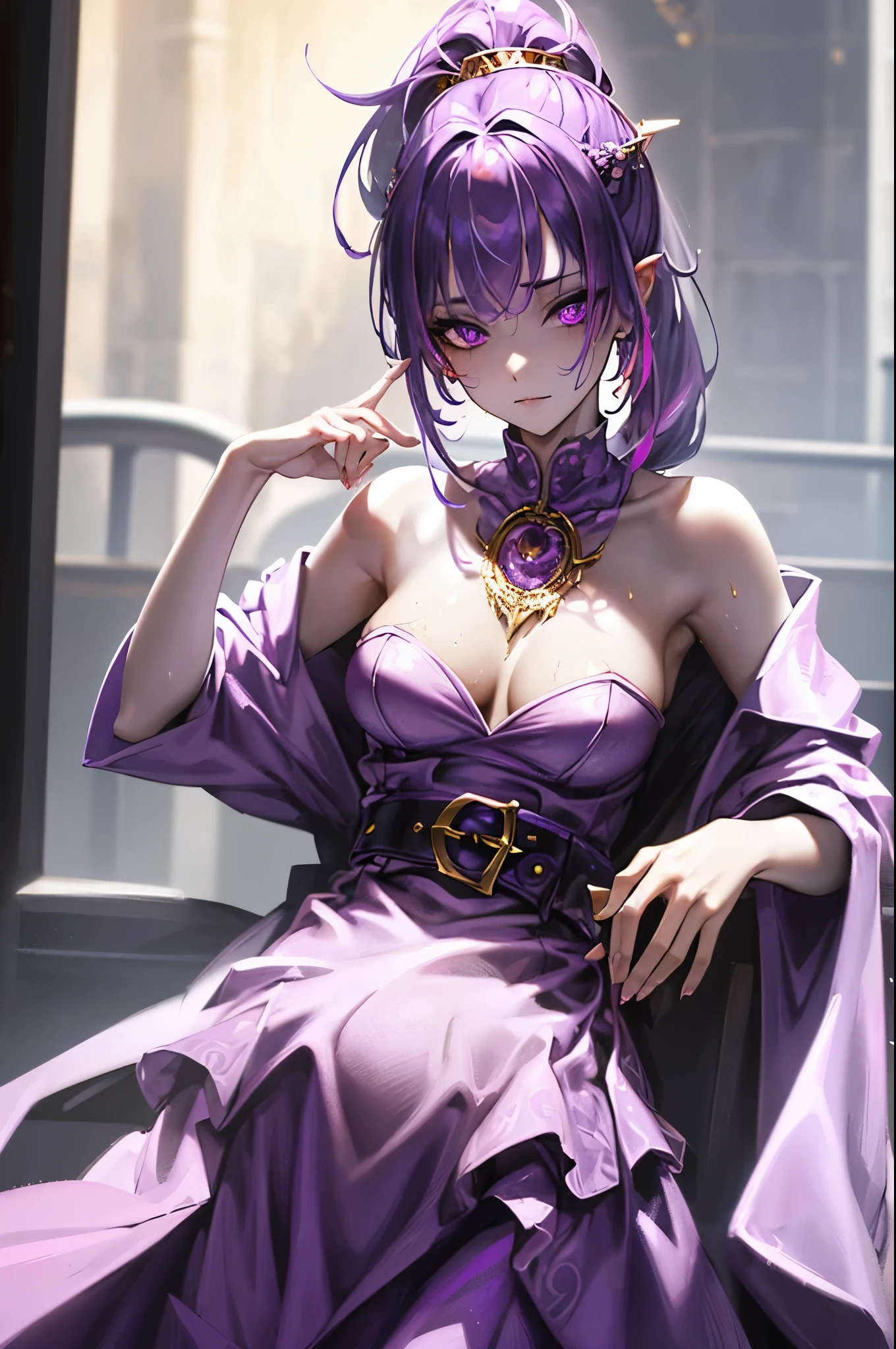 Vampire Queen Small Breast Combat Dress ( Radiant Royal Cloak: 1.1) Black and Purple Color Sexy Devil Aura Original Character Masterpiece Tempting Purple Eyes (Multicolor High Ponytail 1:1.2) Purple Gemstone Accessories Gold Belt, Gold Necklace, Wind Evil Effect, Soft Moonlight , extremely delicate beautiful eyes, unique crown, (Corruption Tattoo 1;1.25), naughty face, 16k, gorgeous, bare shoulders, cute, petite, solo (?), stars, stardust, (iridescent hair, colorful hair, half purple and half pink hair: 1.2), (left eye purple and right eye golden), wet body detailed, creative, charming