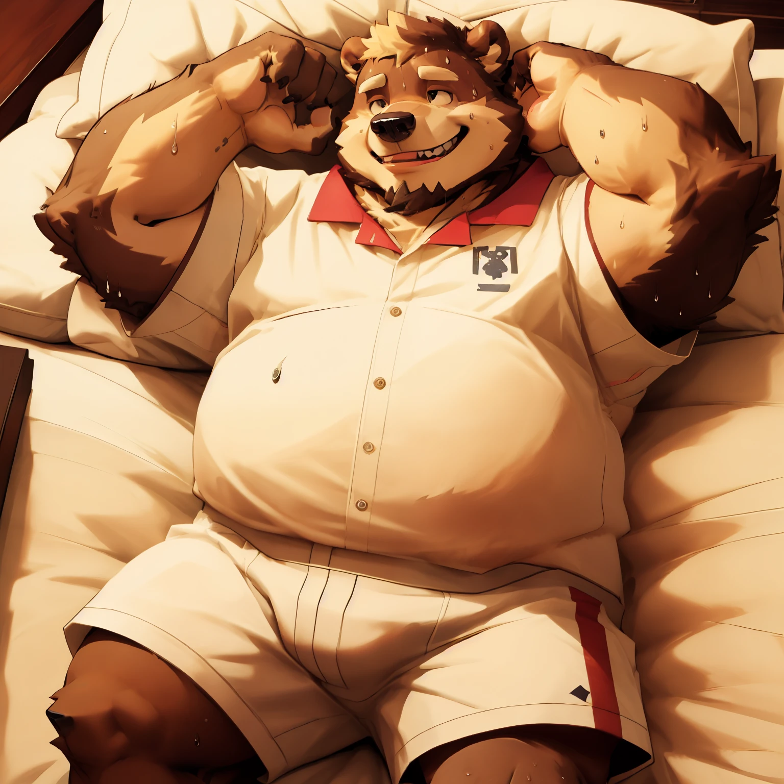 New Jersey 5 Hairy, Bear，full body portrait, male,exquisite， chubby，thick arms，plush fur，front，luxury bed，lie down，Red striped short-sleeved shirt，white shorts，sweating，Smile