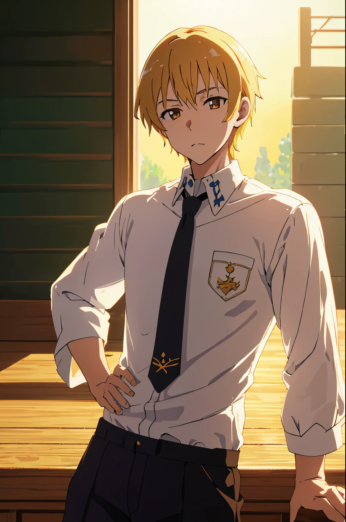 Ultra-detailed，high resolution，Ultra-detailed，Best quality，amazing，quality，intricate details，Extremely detailed CG unified 8K wallpaper，Japanese anime male protagonist，blonde short hair，Draw a male character，wearing white shirt，golden eyes，black trousers，sunny character，Male high school student，