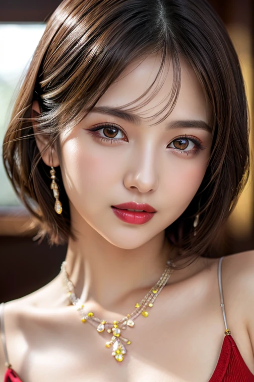 (highest quality、table top、8K、best image quality、Award-winning work)、(one young girl, :1.3)、(Perfect V-neck red long knit sweater:1.2)、(red eyeshadow:1.2)、perfect makeup、long eyelashes、Super high-definition sparkling eyes、ultra high definition hair、ultra high resolution glossy lips、Super high resolution perfect teeth、Super high resolution cute face、brown hair、(very short straight hair:1.1)、look at me and smile、[clavicle]、accurate anatomy、(close up of face:1.5)、Luxury love hotel、(The most moody warm lighting:1.2)、blurred background、With bangs、Super high-resolution glossy and moisturized face、Super high resolution glowing skin、most detailed face、Ultra high resolution detailed faces、ultra high resolution hair、Super high resolution sparkling eyes、Beautiful face drawn in every detail、Super high resolution glossy red lips、big breasts、cleavage、Fashionable necklaces