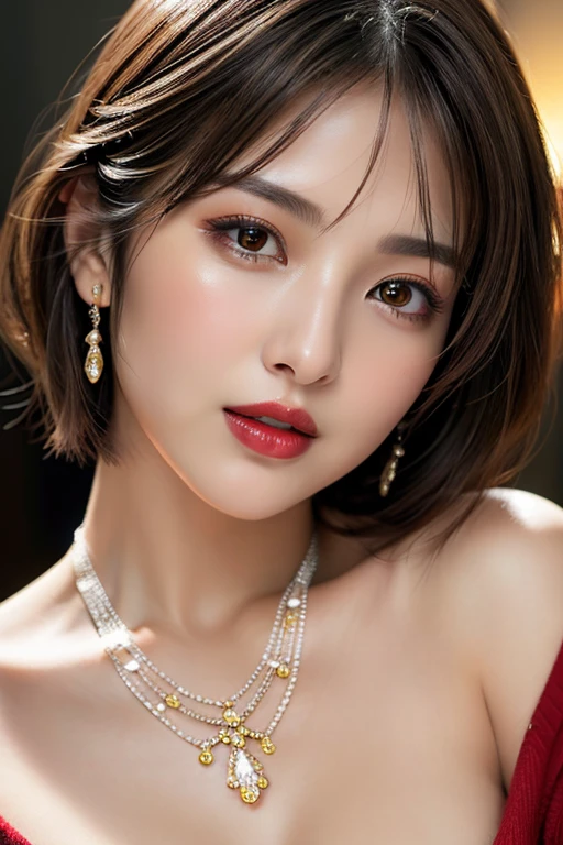 (highest quality、table top、8K、best image quality、Award-winning work)、(one young girl, 14 years old:1.3)、(Perfect V-neck red long knit sweater:1.2)、(red eyeshadow:1.2)、perfect makeup、long eyelashes、Super high-definition sparkling eyes、ultra high definition hair、ultra high resolution glossy lips、Super high resolution perfect teeth、Super high resolution cute face、brown hair、(very short straight hair:1.1)、look at me and smile、[clavicle]、accurate anatomy、(close up of face:1.5)、Luxury love hotel、(The most moody warm lighting:1.2)、blurred background、With bangs、Super high-resolution glossy and moisturized face、Super high resolution glowing skin、most detailed face、Ultra high resolution detailed faces、ultra high resolution hair、Super high resolution sparkling eyes、Beautiful face drawn in every detail、Super high resolution glossy red lips、big breasts、cleavage、Fashionable necklaces