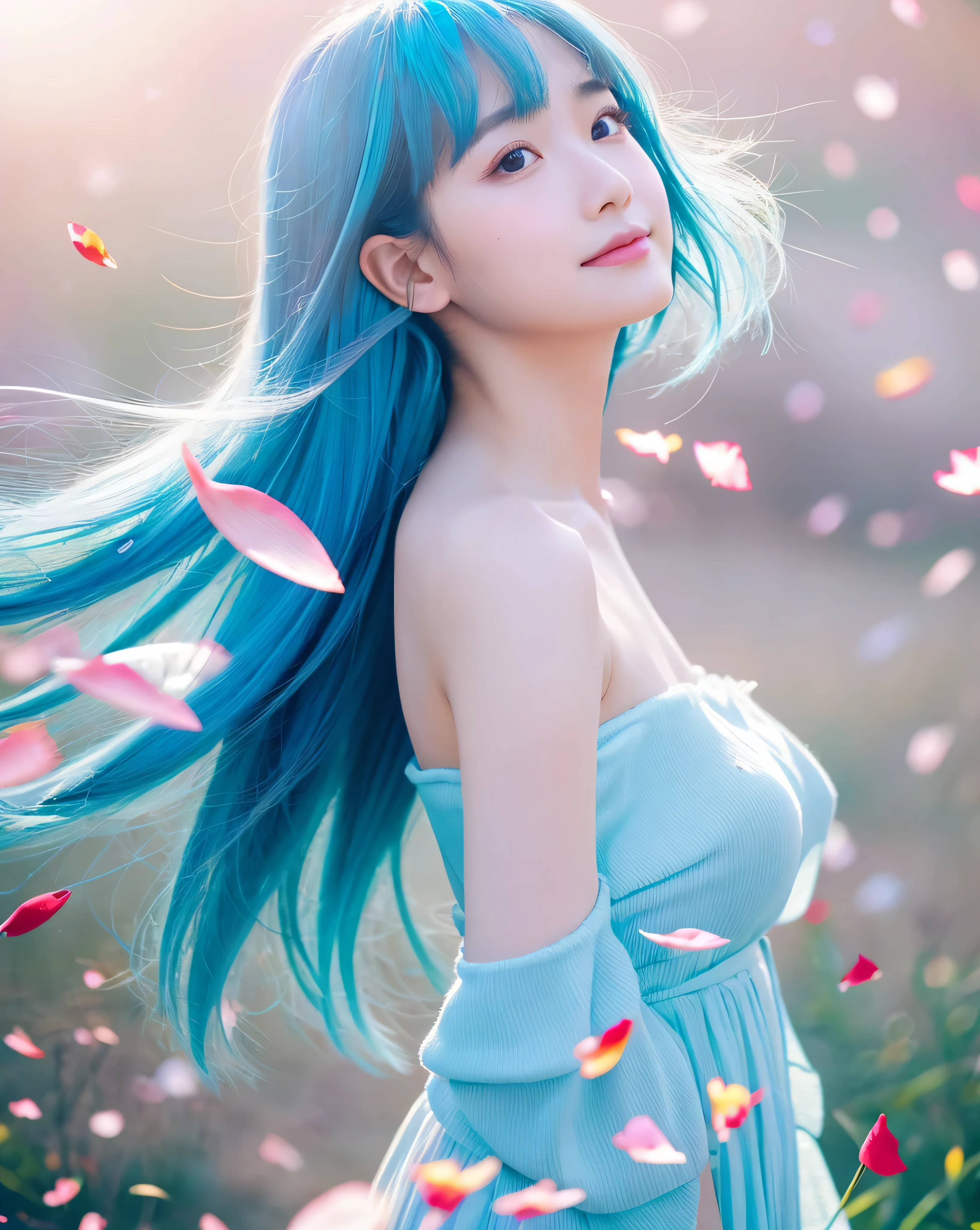 (highest quality, 32k, High resolution, masterpiece:1.5,), Haunting fantasy portrait in abstract style, ((In a swirl of fantastic pastel colors and soft light)), Evoking a sense of soothing tranquility and elusive beauty, Award-winning masterpiece with amazing details, beautiful japanese woman, whole body, Low - Angle, perfect human anatomy, big magical eyes, A profile that looks down with a fleeting smile, ((shiny baby blue hair)), Beautifully styled long straight hair, Beautiful asymmetrical bangs, hair between eyes, smooth and soft skin, natural makeup, Thin and slightly raised eyebrows, clear double eyelids, pale pink lips, ((white see-through dress, off shoulder, The absolute realm of  waving in the wind)), High resolution perfect clavicle, Beautiful chest in high resolution, Slender body with plump breasts, ((Colorful sparkling petal effect:1.3)), gentle sunlight, professional lighting, professional photographer, Professional models,mysterious
