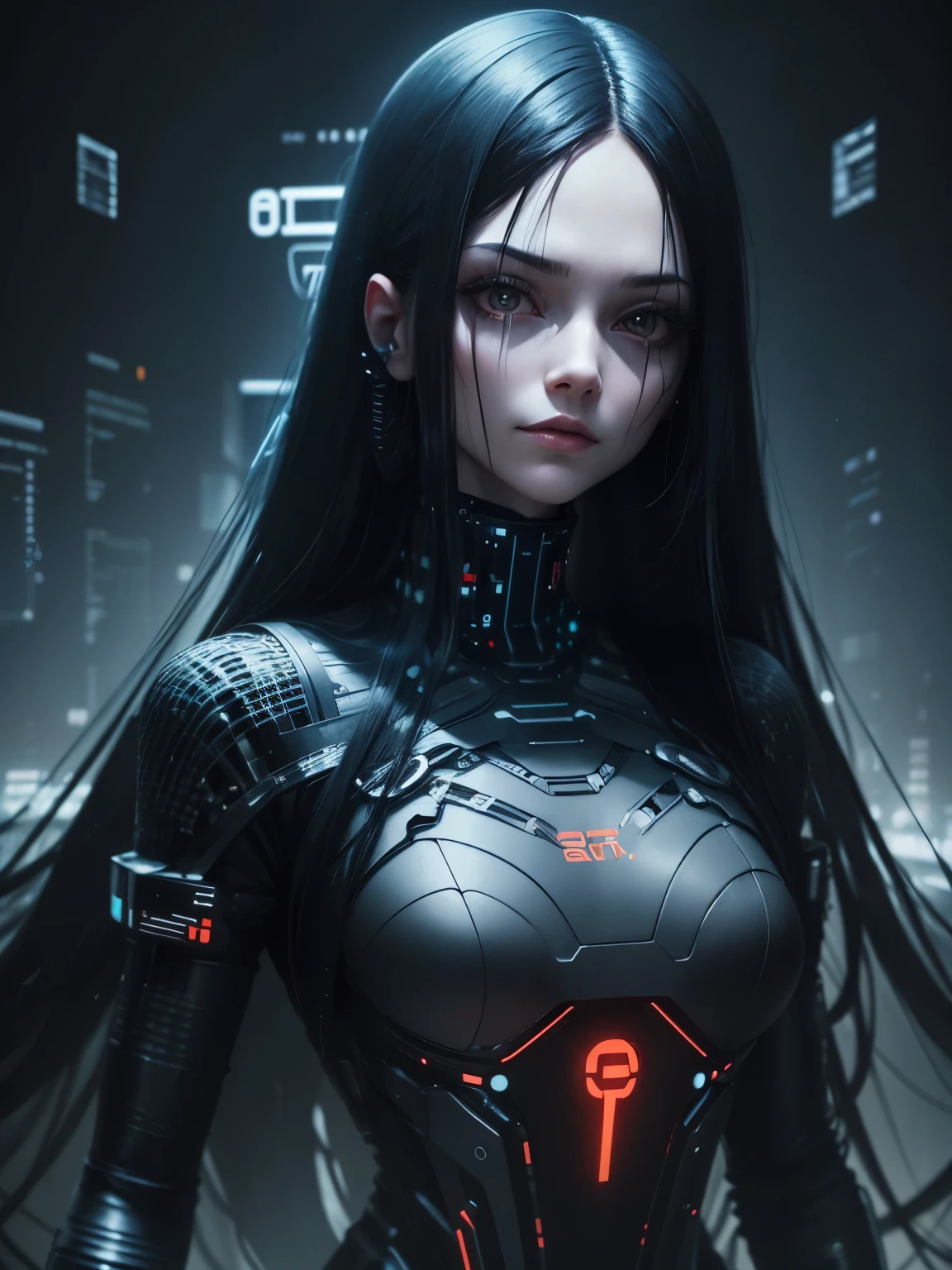 Woman with long black hair, (cyberspace:1.4), dark, creepy, scary, best quality, 8k