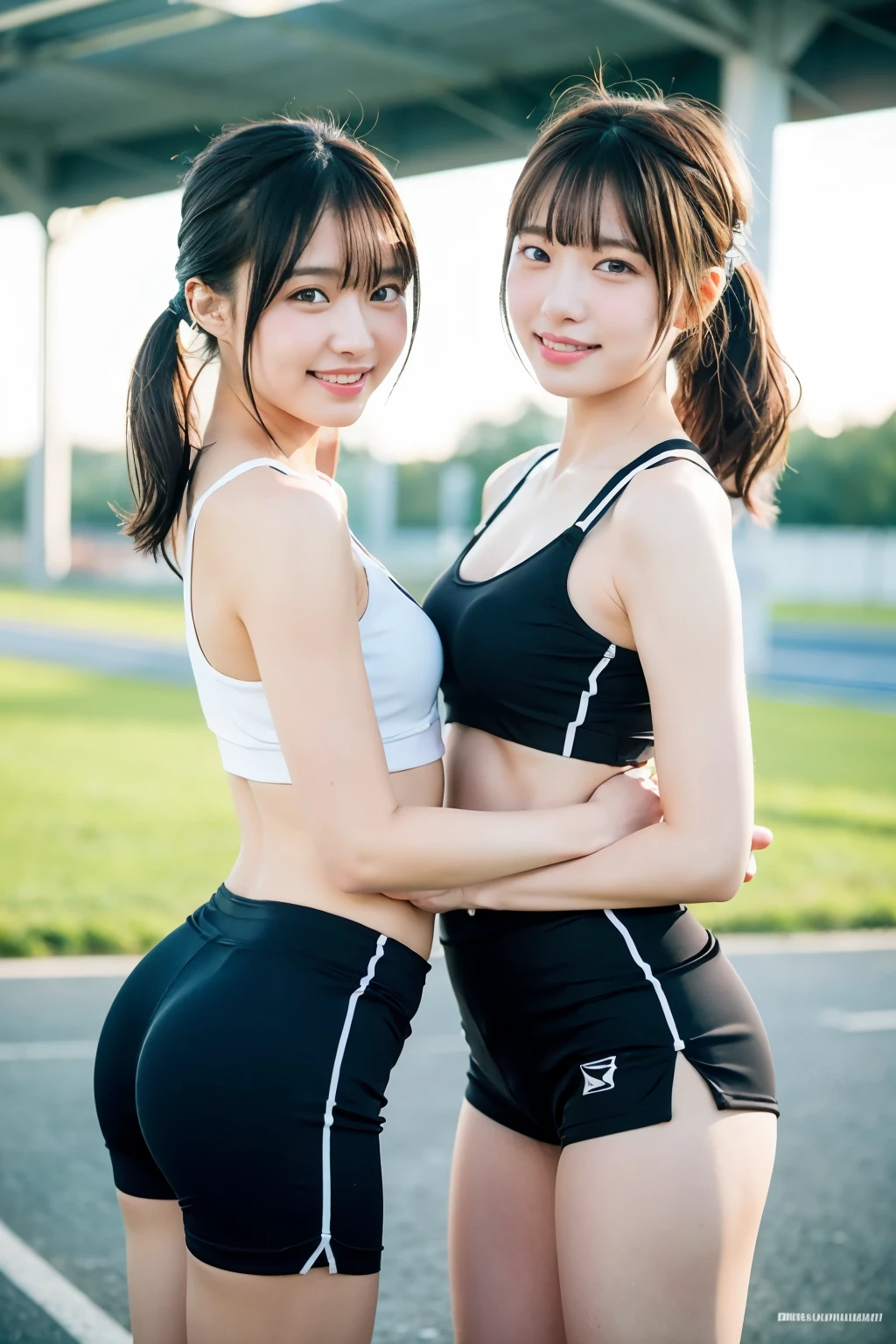 two girls at the track and field,wearing a track and field uniform、sports bra、beautiful butt、bloomers、Plump round butt,compression shorts,18-year-old,bangs,a little smile,thighs,knees,short cut hair,low ponytail,from below,front light、big breastoriman