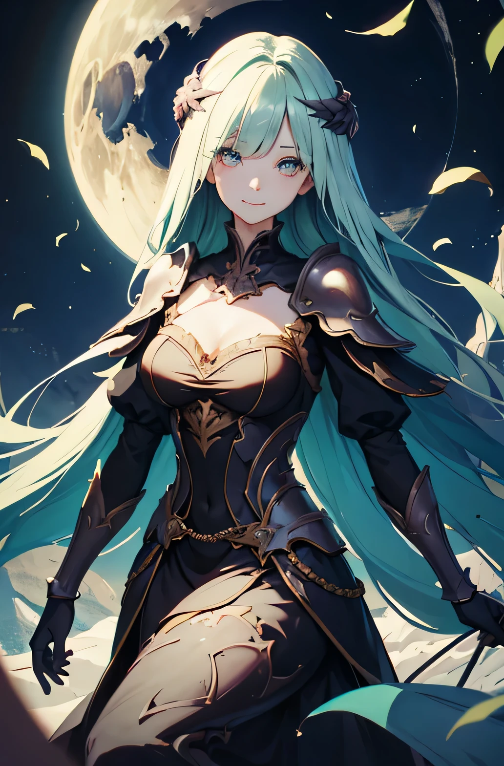 (masterpiece),(best quality), illustration, (fantasy:1.4), long teal accent hair, long eye lashes, solid circle eyes, light smile, Surrealism, drop shadow, anaglyph, stereogram, atmospheric perspective, 8k, super detail, accurate, best quality, UHD, textured skin, long dress, a moon, flowers , paper_cut
