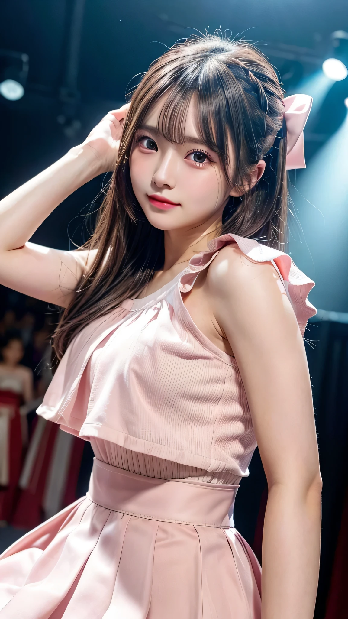 blush,small breasts,14 years old,long hair ponytail,singing on stage,close up of face,((8K, Raw photo, best quality, muste piece:1.2), (Reality, photorealistic:1.4), (Highly detailed 8K wallpaper), Depth of the bounds written, cinematic lighting, soft light, detailed beauty eye,Shiny and smooth light brown ponytail, asymmetrical bangs, shiny skin, super detailed skin ,high resolution, high detail, detailed hairstyle, detailed beauty face, hyper real, perfect limbs, perfect anatomy ,1 Japanese girl,famous japanese idol, perfect female body,shy smile,short eyelashes,double-edged eyelids,look straight here,Hair style is ponytail、Pink colored long dress with lots of ruffles, softly shaped skirt, standing on stage,pink ribbon on head,She wears a long skirt with lots of frills.,Neat clothes