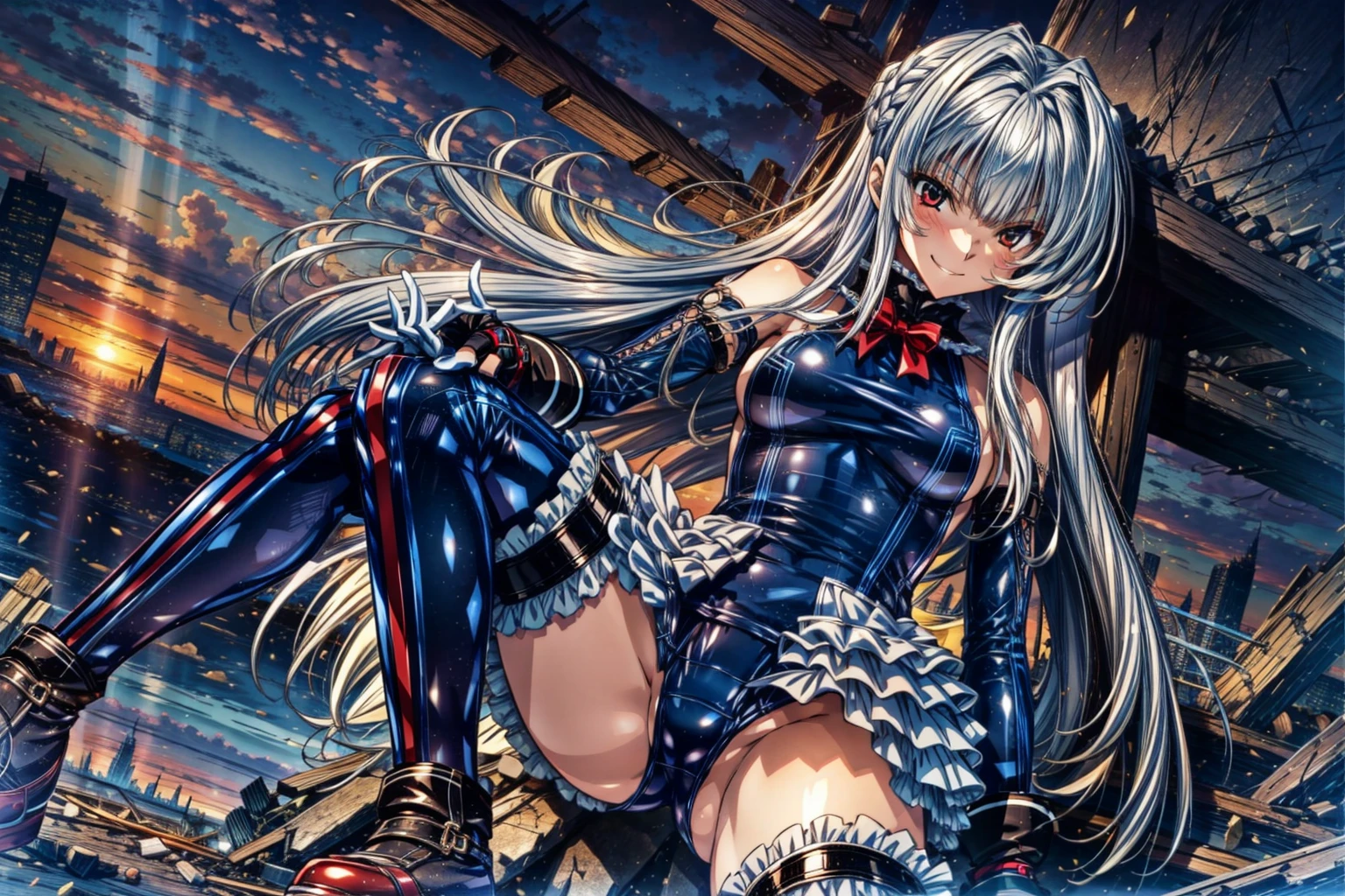 perfect anatomy, highest quality, marierose,evil smile,provocative attitude
,(Girls greet dawn on top of a pile of rubble:1.1),evil smile,anime style,(ruffle swimsuit, Thighhighs, removed sleeve), (anime style:1.4) ,
silver hair,(white fingers:1.1,black gloves),very long hair,evil aura,(from below),