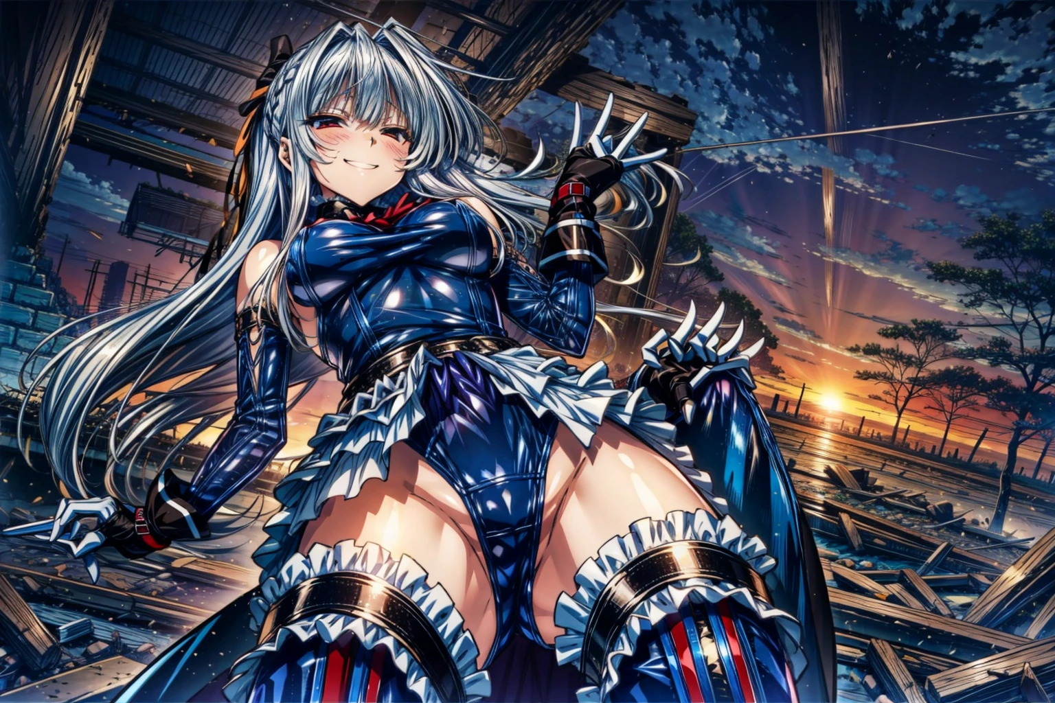 perfect anatomy, highest quality, marierose,evil smile,provocative attitude
,(Girls greet dawn on top of a pile of rubble:1.1),evil smile,anime style,(ruffle swimsuit, Thighhighs, removed sleeve), (anime style:1.4) ,
silver hair,(white fingers:1.1,black gloves),very long hair,evil aura,(from below),