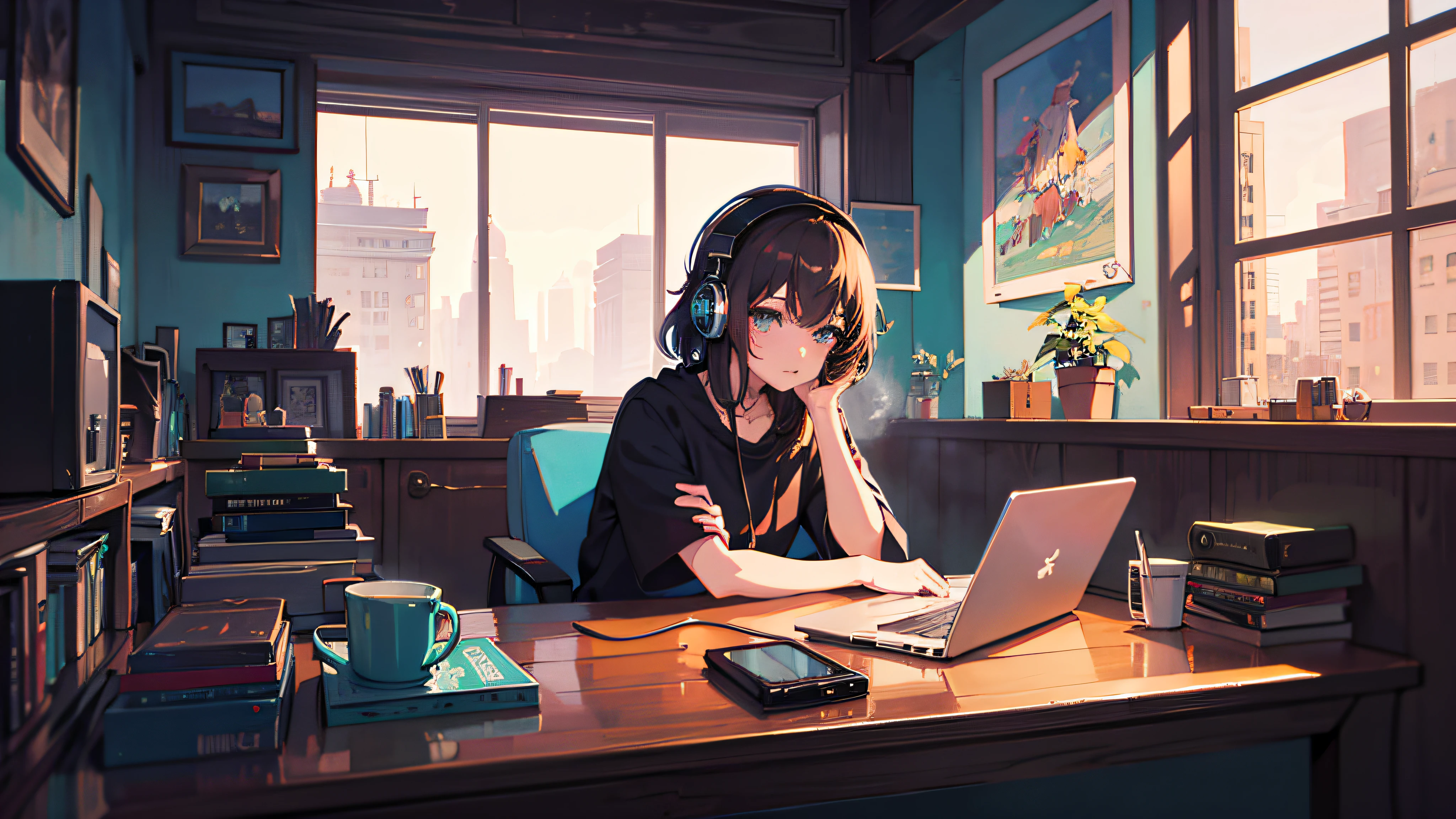 Anime girl with headphones sitting at table on laptop, praise girl, praise artstyle, praise art, praise vibes, praise feel, praise hip hop, praise, chill hop, praise girl aesthetic, praise portrait, praise vibe, praise colors, anime atmosphere, praise aesthetics