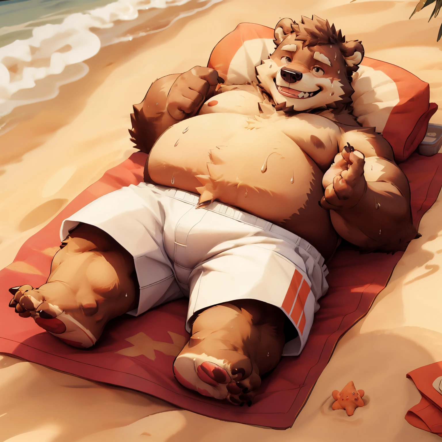 New Jersey 5 Hairy, Bear,full body portrait, male,exquisite, chubby,thick arms,plush fur,back,Lie down with your back to you,beach,white shorts,sweating,Smile