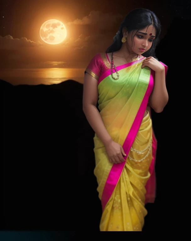 arafed woman in a yellow sari standing in front of a full moon, dressed in a sari, indian goddess, wearing a sari, inspired by T. K. Padmini, wearing sari, at night time, sari, with beautiful colors, lady using yellow dress, at night with moon light, in front of a big moon, photoshopped