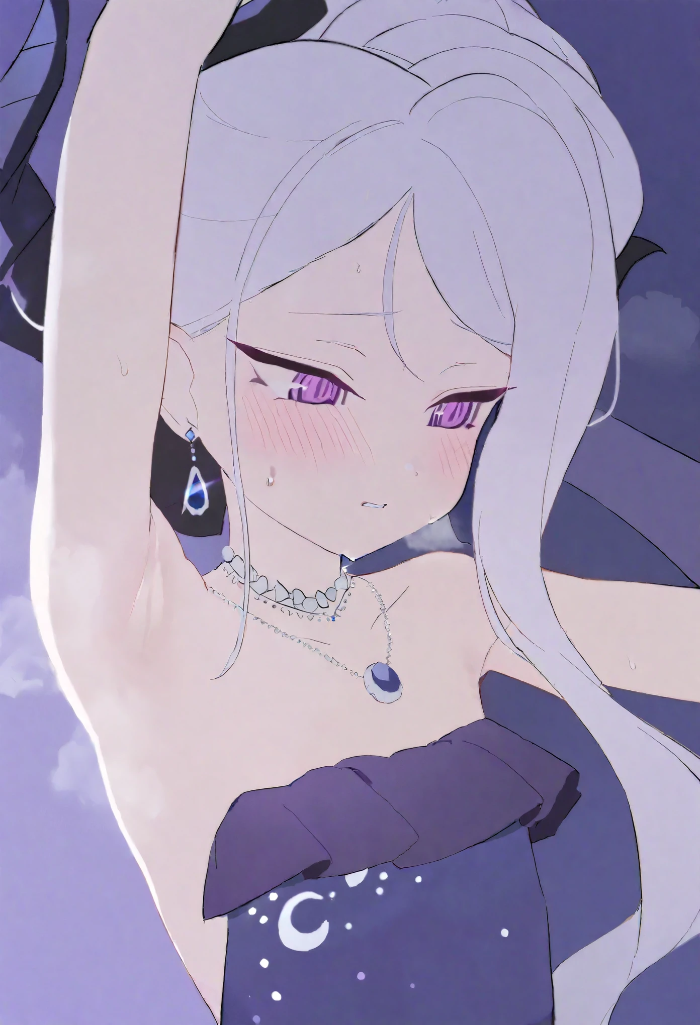 hina,1girl,solo,ponytail,elbow gloves,purple dress,black gloves,black dress,strapless dress,earrings,necklace,alternate costume,shoulder,upper body, sweating,steam,blush, flipped hair,armpit