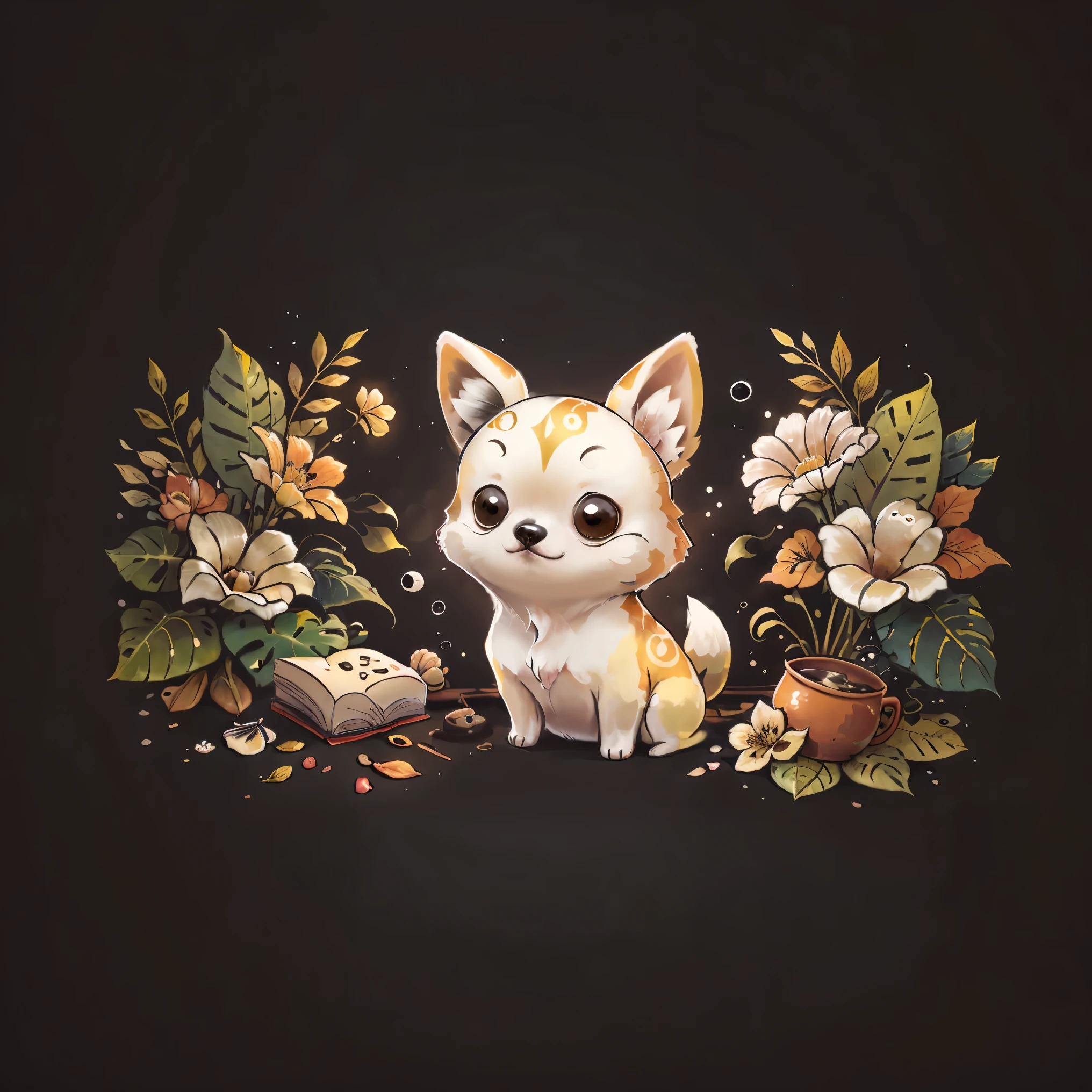 Cute 00d, flower, white Chihuahua, {deep black background}