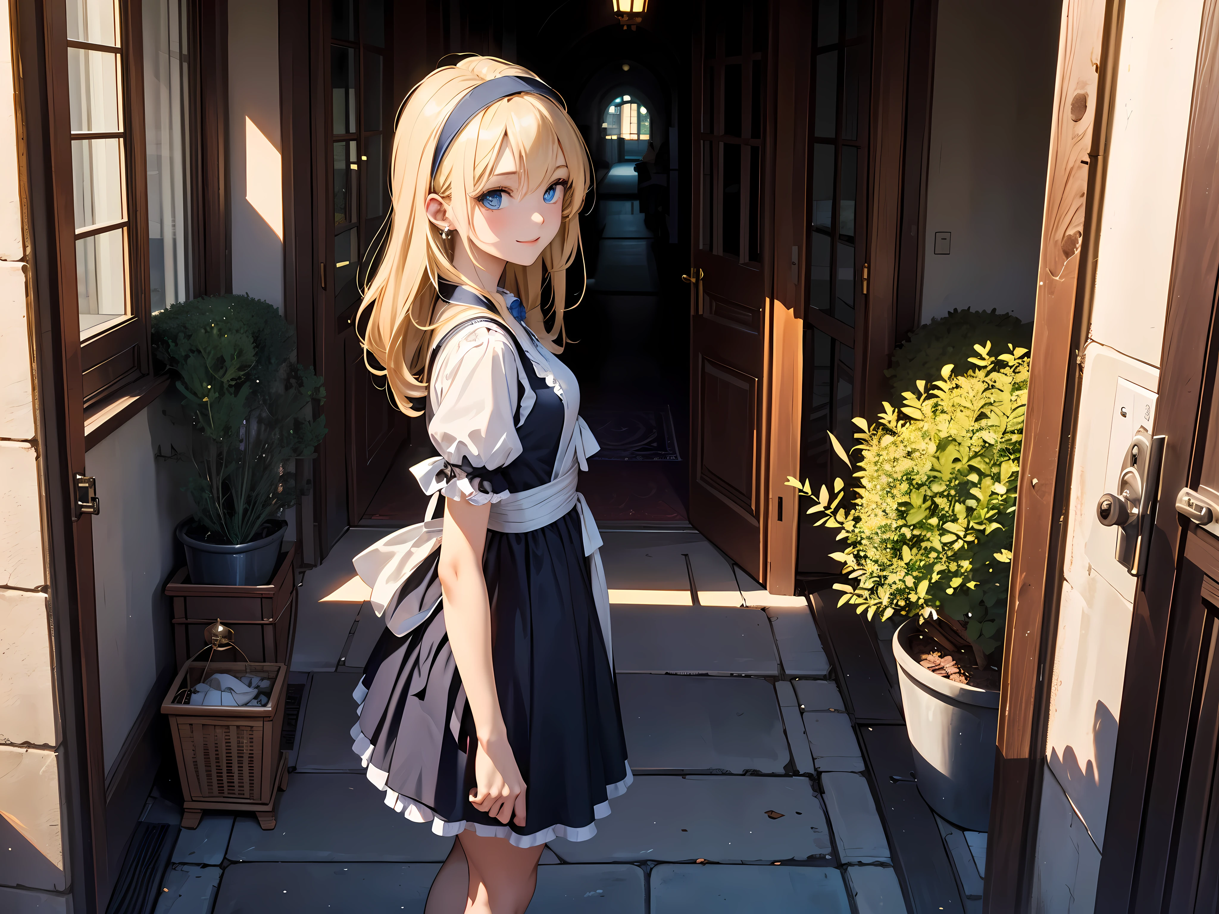 (masterpiece, highest quality, highest quality,official art),(1 girl:1.3),(attractive girl),((masterpiece, highest quality))、8K、one woman、（26 years old）、((blonde))、shortcut、attractive woman、blue eyes、Big eyes、sparkling eyes、Beautifully drawn eyes、challenging smile、small bust、blue gothic maid、white headband、(look back)、Knee to head、Corridor of a luxurious house、aerial perspective、pure、transparent、Light、Light、