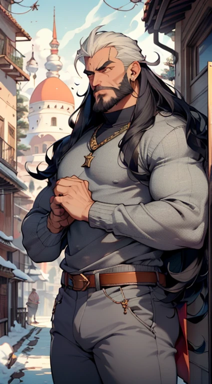 (Macho:1.5), muscle, 1 menino, big muscle, peitoral, big peitoral,  muscular, homem maduro, homem de 45 anos, adulto,1 homem, old macho, corpo perfeito, an extremely delicate and beautiful rosto detalhado, ((preto_olhos:1.3))), intrincado olhos, beautiful detailed olhos, symmetrical olhos, cabelo muito longo moderno, (((preto very long hair))), cabelo grande, rosto perfeito, estilo de cabelo bonito, Perfect proportions, viril, very viril man ((rosto detalhado)), Sorriso, expressive olhos, (ultra-detalhado:1.3), lindo brilho detalhado,  finamente detalhado, ultra-detalhado, (sweater, arabic fashion, arabian gray sweater,  gray sweater, jeans, camisa branca,  male characteristics, estilo moderno, arab clothes), (((arabian sweater, arabian gray sweater outfit, wearing a arabian gray sweater:1.3, arabian arabian gray sweater))), (arabic jewelry, intrincado necklace), ((bulge in pants)), (((intrincado outfit, intrincado clothes, roupa ornamentada))), (dynamic pose:1.2), envergonhado, (centrado, scale to fit dimensions, rule of thirds),

((snowy pine forest at night)),com nuvens escuras e tempestuosas,inverno,Scenario:1.25,((fundo de floresta de neve)),Christmas tree,

high resolution,sharp focus,(ultra detalhado,extremamente detalhado),(Arte fotorrealista:1.37),(extremamente detalhado CG unity 8k wallpaper),(((cores vibrantes,tema vibrante))),(intrincado),(obra de arte),(Melhor qualidade),