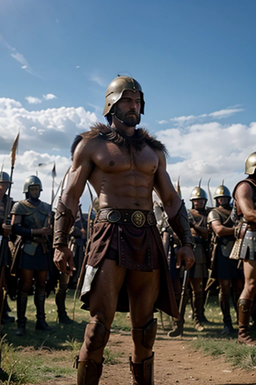 Create an image of Leonidas standing defiantly against Xerxes' massive army at the pass of Thermopylae, showcasing bravery and determination.