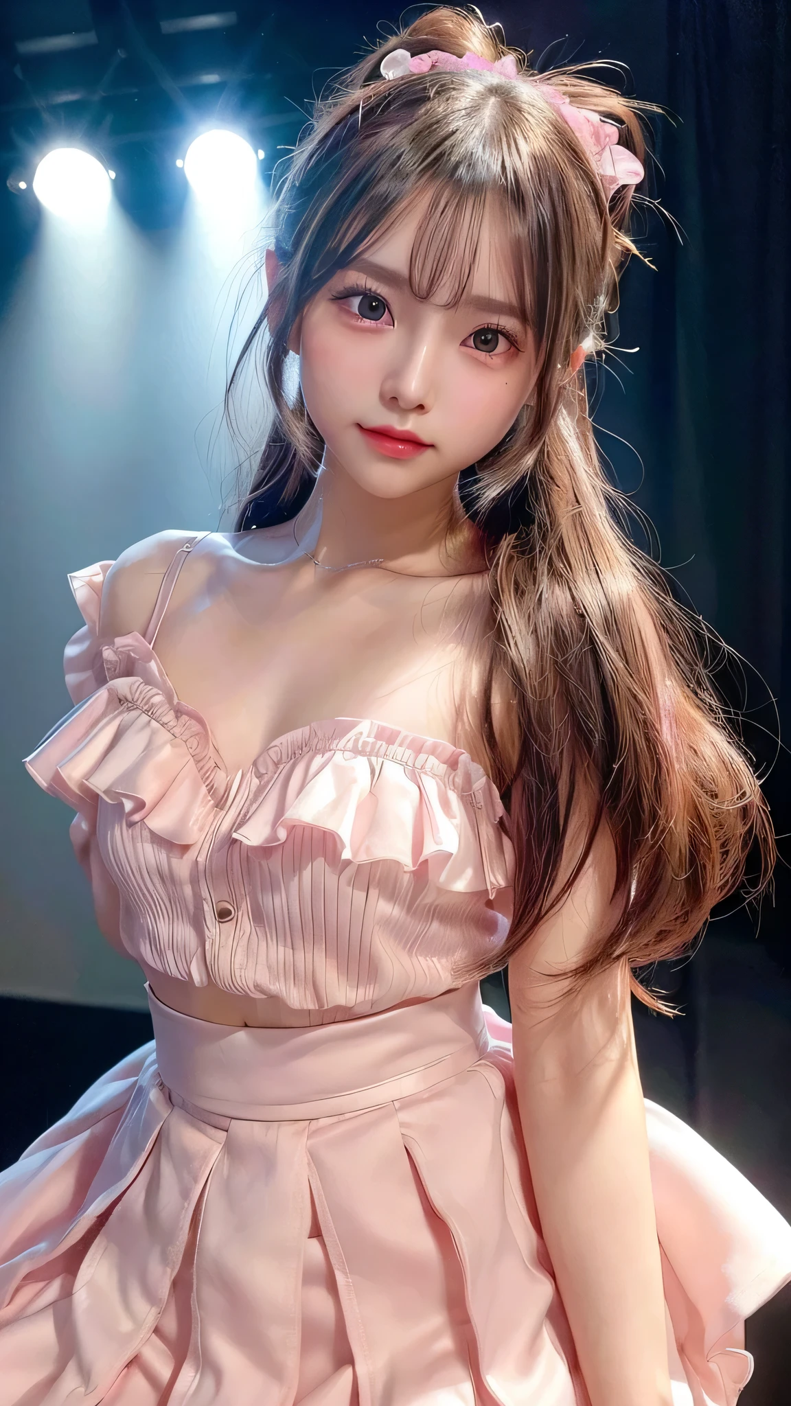 blush,small breasts,,long hair ponytail,singing on stage,close up of face,((8K, Raw photo, best quality, muste piece:1.2), (Reality, photorealistic:1.4), (Highly detailed 8K wallpaper), Depth of the bounds written, cinematic lighting, soft light, detailed beauty eye,Shiny and smooth light brown ponytail, asymmetrical bangs, shiny skin, super detailed skin ,high resolution, high detail, detailed hairstyle, detailed beauty face, hyper real, perfect limbs, perfect anatomy ,1 Japanese girl,famous japanese idol, perfect female body,shy smile,short eyelashes,double-edged eyelids,look straight here,Hair style is ponytail、Pink colored long dress with lots of ruffles, softly shaped skirt, standing on stage,pink ribbon on head,She wears a long skirt with lots of frills.,Neat clothes
