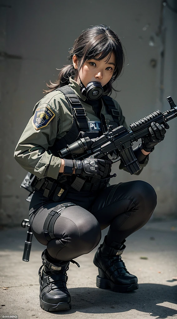 ((best quality, (masterpiece), photorealistic, photorealism, Photorealistic, high resolution)), 1girl full body, aiming with an assault rifle, another girl squatting behind, Combat pose, a bit chubby, (Detailed face), (wearing rash-guard likes police uniform, gloves, black and grey mecha, wearing futuristic-gasmask, black tights, military harness, holding a machinegun, carrying hich-tech-launcher), background grey wall, Fingers are occluded