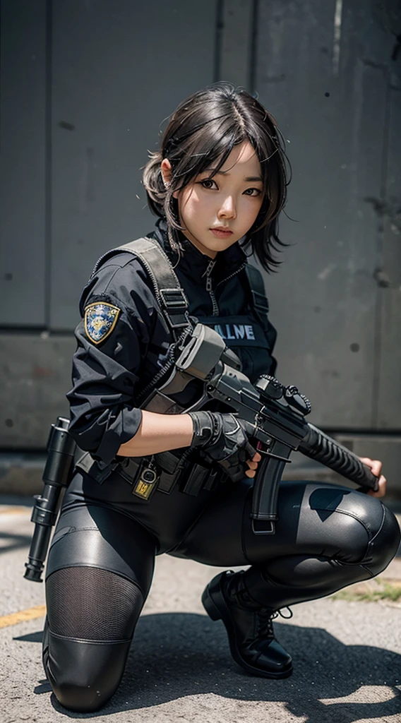 ((best quality, (masterpiece), photorealistic, photorealism, Photorealistic, high resolution)), 1girl full body, aiming with an assault rifle, another girl squatting behind, Combat pose, a bit chubby, (Detailed face), (wearing rash-guard likes police uniform, gloves, black and grey mecha, wearing futuristic-gasmask, black tights, military harness, holding a machinegun, carrying hich-tech-launcher), background grey wall, Fingers are occluded