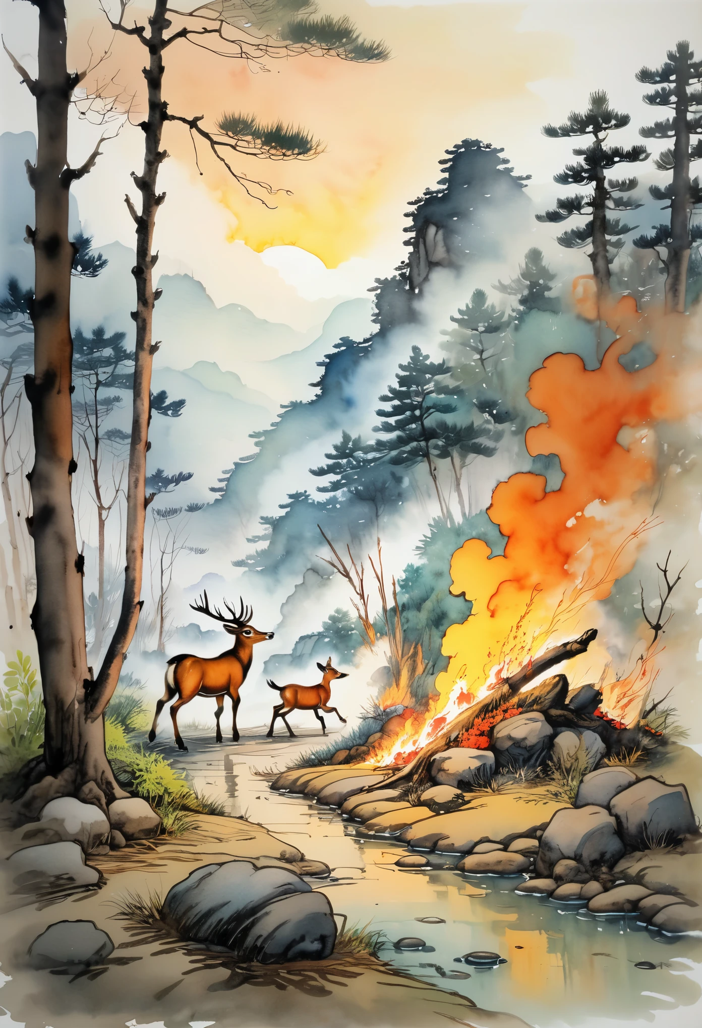 Forest fires,night,lightning in sky,Animal lying on the ground,fire light,Primitive man squatting on the ground,burning plant,Burnt earth,Neanderthal figure,Indian and deer running away,author:Randolph Caldecott, (sika deer,horse,Pen pastel,watercolor painting, masterpiece, representative work, illustration art, Professional line art, Super complex and detailed, Chinese painting,8K:1.3)