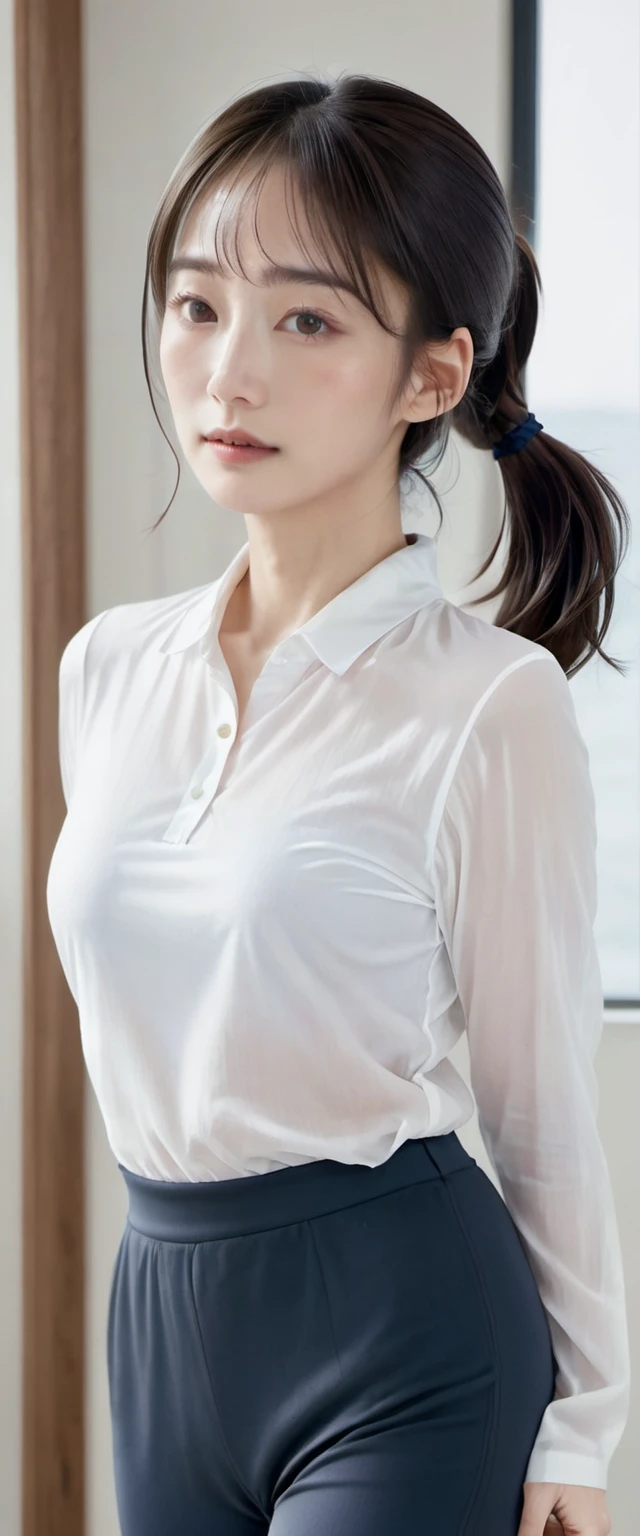 8K resolution，A Japanese-Korean mixed-race woman with light makeup，Beautiful Nariko 34 years old，tie a ponytail，A shy expression on his face。Clean and delicate face from the front，Wearing a delicate white shirt，Delicate gauze yoga pants，standing in the room，Facing the camera。