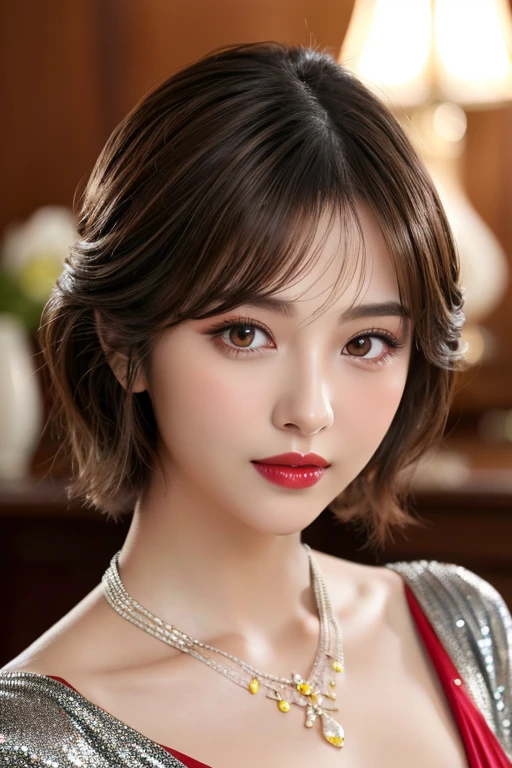 (highest quality、table top、8K、best image quality、Award-winning work)、(one young girl, :1.3)、(Perfect V-neck red long knit sweater:1.2)、(red eyeshadow:1.2)、perfect makeup、long eyelashes、Super high-definition sparkling eyes、ultra high definition hair、ultra high resolution glossy lips、Super high resolution perfect teeth、Super high resolution cute face、brown hair、(very short straight hair:1.1)、look at me and smile、[clavicle]、accurate anatomy、(close up of face:1.5)、Luxury love hotel、(The most moody warm lighting:1.2)、blurred background、With bangs、Super high-resolution glossy and moisturized face、Super high resolution glowing skin、most detailed face、Ultra high resolution detailed faces、ultra high resolution hair、Super high resolution sparkling eyes、Beautiful face drawn in every detail、Super high resolution glossy red lips、big breasts、cleavage、Fashionable necklaces