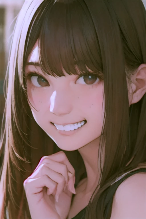(8K、RAW photo、best image quality、High resolution:1.1)、(超realistic:1.4)、(realistic、Photoreal:1.3)、soft light、with a girl、long hair、Japanese、20-year-old、lifelike face、golden eyes、realistic body、real looking skin、、absurd、masterpiece、(cute:1.8)、cuties、solo、(length:1.2)、fine black eyes、innocent eyes、cheek、(Tank top:1.2)、cinematic light、film grain、put your hand on your waist、((small tits:1.1))、pink lips、 open lips、upper teeth、(smiling eyes:0.6)、((grin:1.2))、Depth of the bounds written、blurred background、focus of the eye、Bokeh、summer、Shinjuku、met、big、105mm lens、Huge 、f / 1.4、professional lighting、young、Portrait、photon mapping、radio city、Physically based rendering、(whole body:1.2)