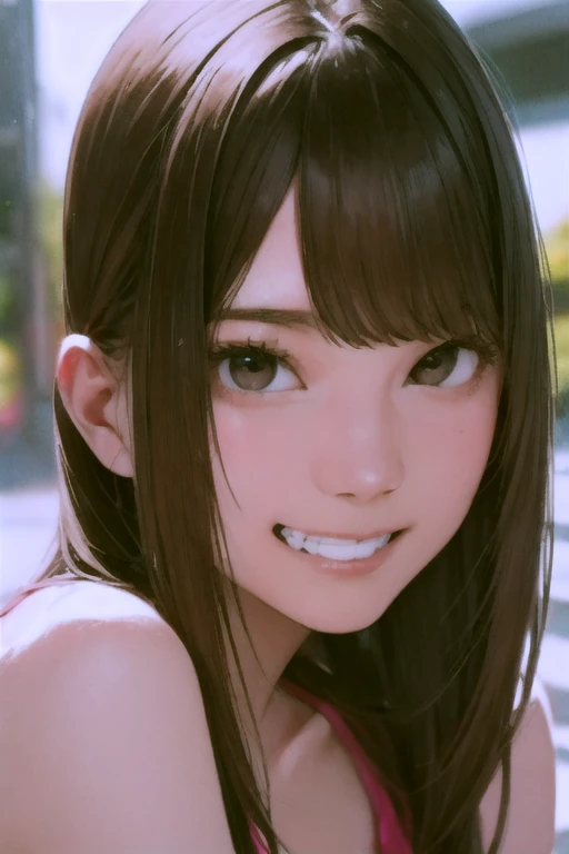 (8K、RAW photo、best image quality、High resolution:1.1)、(超realistic:1.4)、(realistic、Photoreal:1.3)、soft light、with a girl、long hair、Japanese、20-year-old、lifelike face、golden eyes、realistic body、real looking skin、、absurd、masterpiece、(cute:1.8)、cuties、solo、(length:1.2)、fine black eyes、innocent eyes、cheek、(Tank top:1.2)、cinematic light、film grain、put your hand on your waist、((small tits:1.1))、pink lips、 open lips、upper teeth、(smiling eyes:0.6)、((grin:1.2))、Depth of the bounds written、blurred background、focus of the eye、Bokeh、summer、Shinjuku、met、big、105mm lens、Huge 、f / 1.4、professional lighting、young、Portrait、photon mapping、radio city、Physically based rendering、(whole body:1.2)