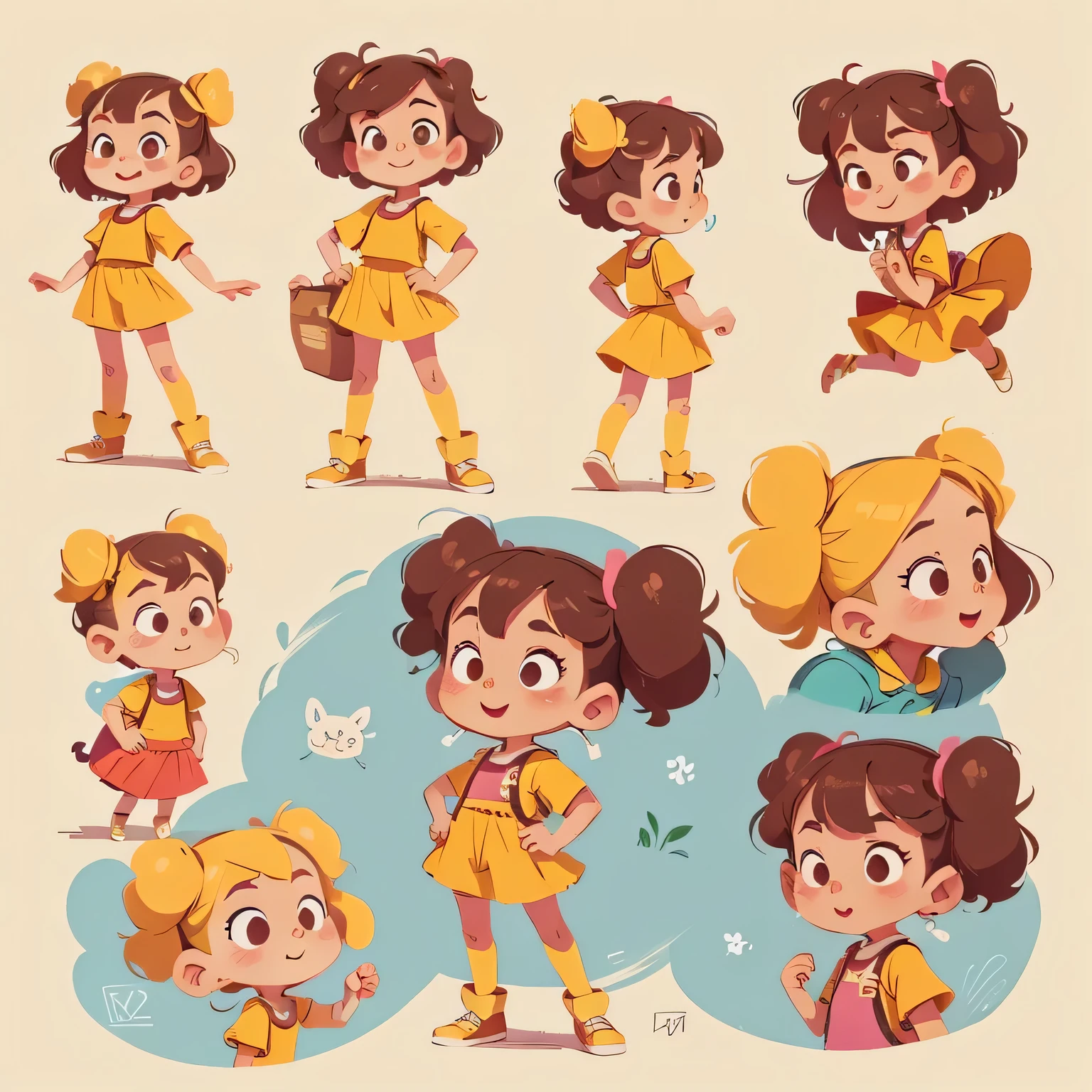 cartoon character design of a girl in different poses, high quality character design, character design, full body character design, highly detailed character design, cute art style, cute cartoon character, animated character design, colorful! character design, very stylized character design, character is in her natural pose, stylized character design, great character design, professional character design, # character design, brown hair, pose from side, pose , pose from front, smiling, happy, radiant clusters, walking pose, holding hand