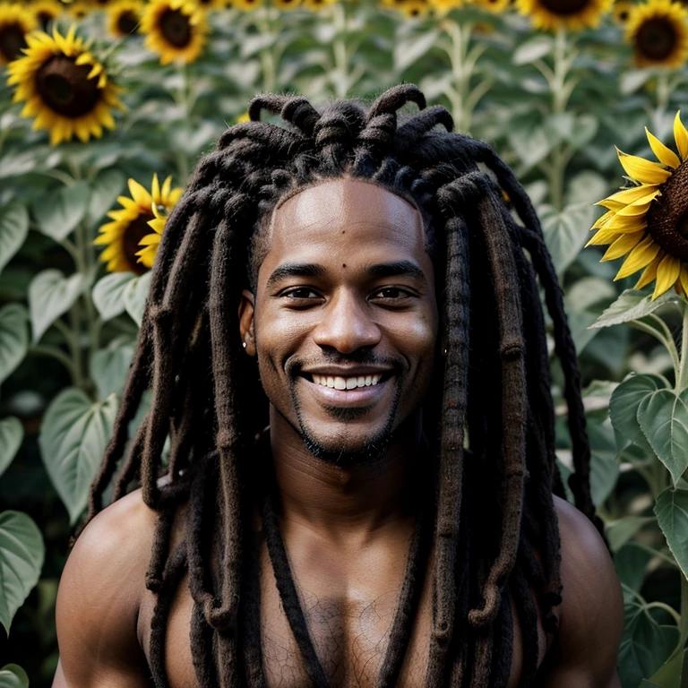 Aerial shot, a black man with long dreadlocks lying in a sunflower garden, smiling, dreadlocks like plant roots, blue sky, ultra quality, 8K, photorealistic, detailed face, beautiful face, intricate details
